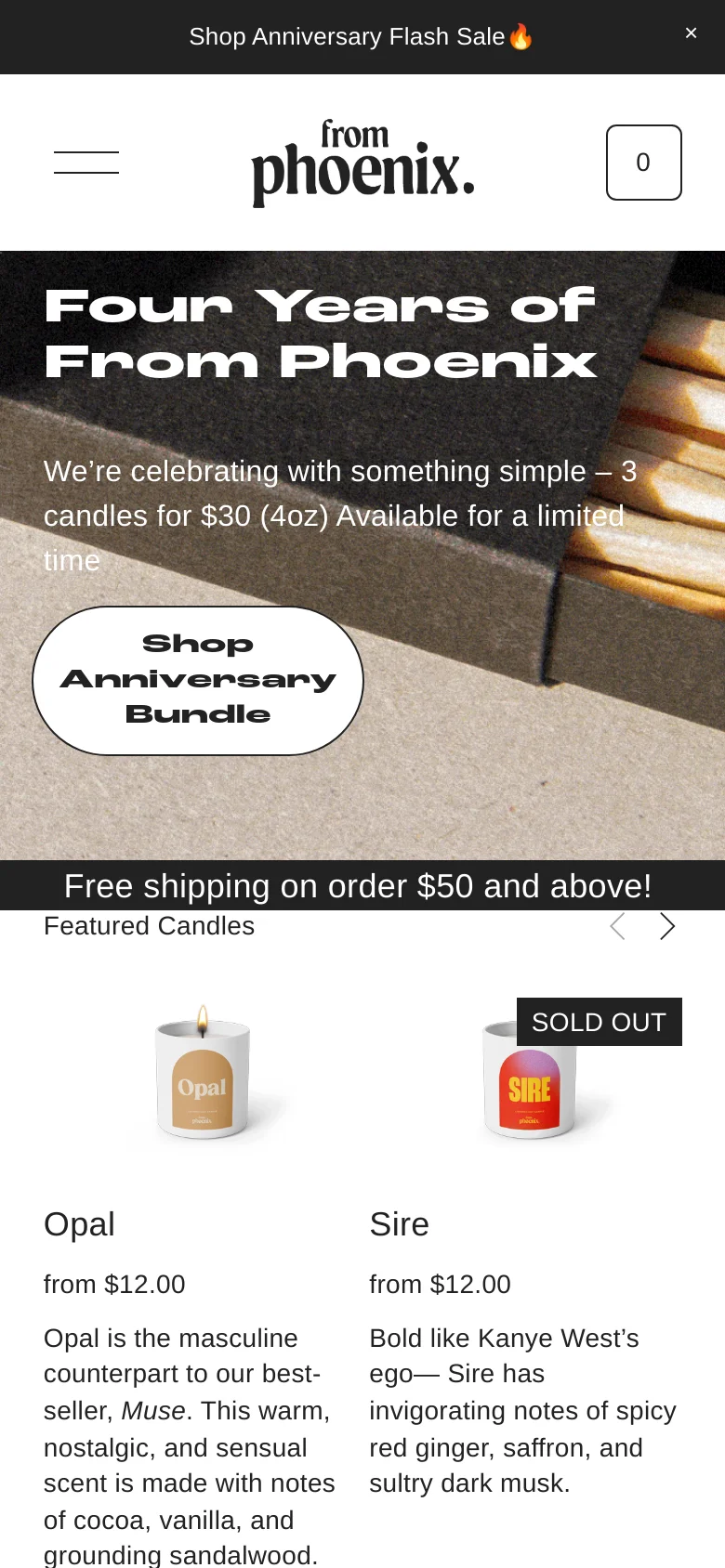 The mobile version presents a vertically stacked layout starting with a dark announcement bar and the brand logo. The hero section uses a full-width image of candles with the anniversary text and button overlaid. The 'Featured Candles' section follows, showing product images and descriptions in a single-column format for easier scrolling.