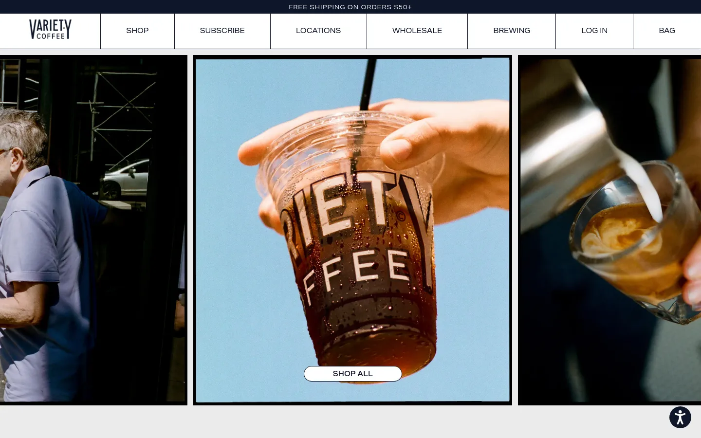 Variety Coffee homepage featuring a large hero image slider with lifestyle coffee photography and a Shop All button. The layout uses a clean, minimalist design with a white navigation bar, serif typography, and alternating full-width sections for subscription services, locations, and brewing guides.