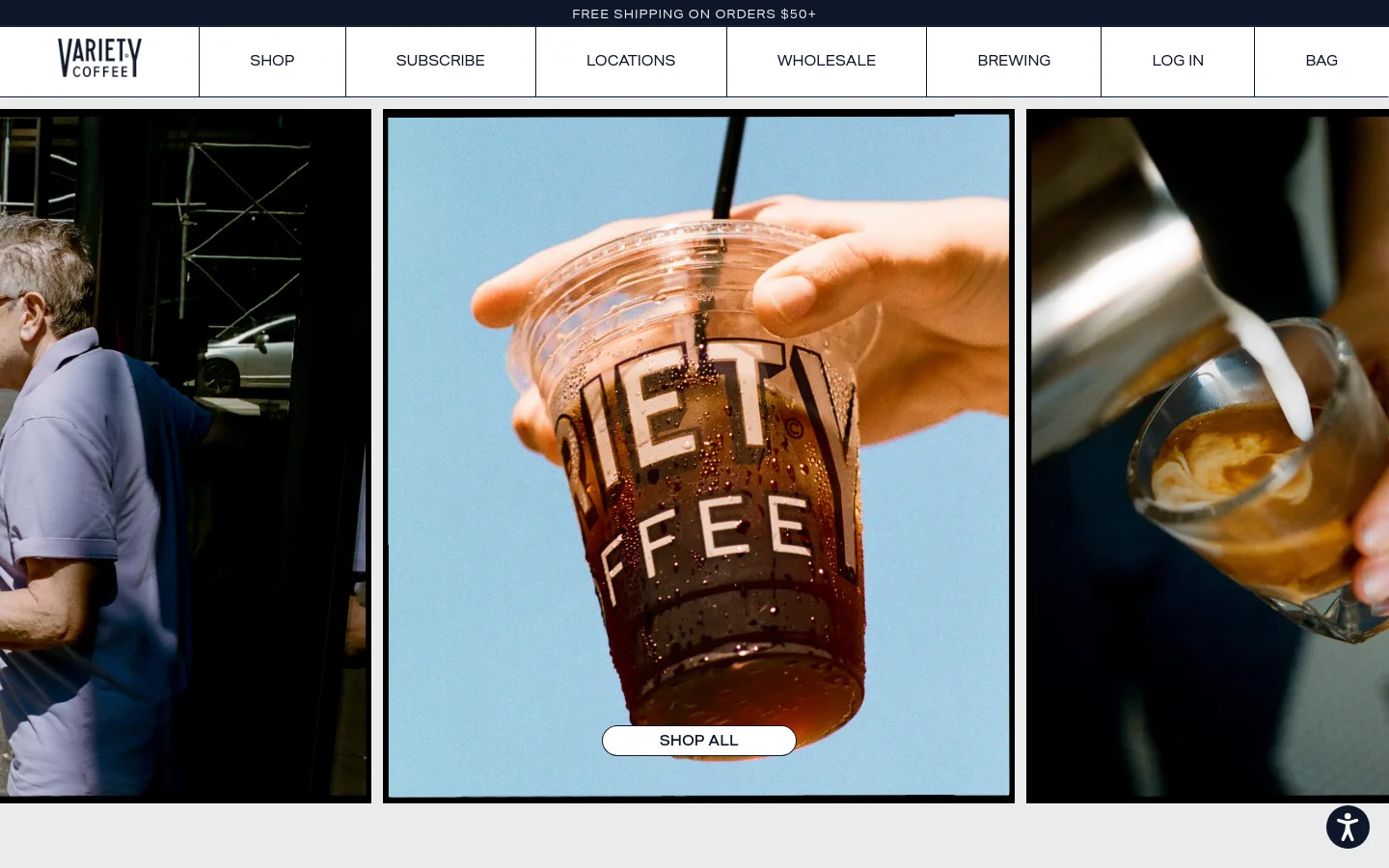 Variety Coffee homepage featuring a large hero image slider with lifestyle coffee photography and a Shop All button. The layout uses a clean, minimalist design with a white navigation bar, serif typography, and alternating full-width sections for subscription services, locations, and brewing guides.