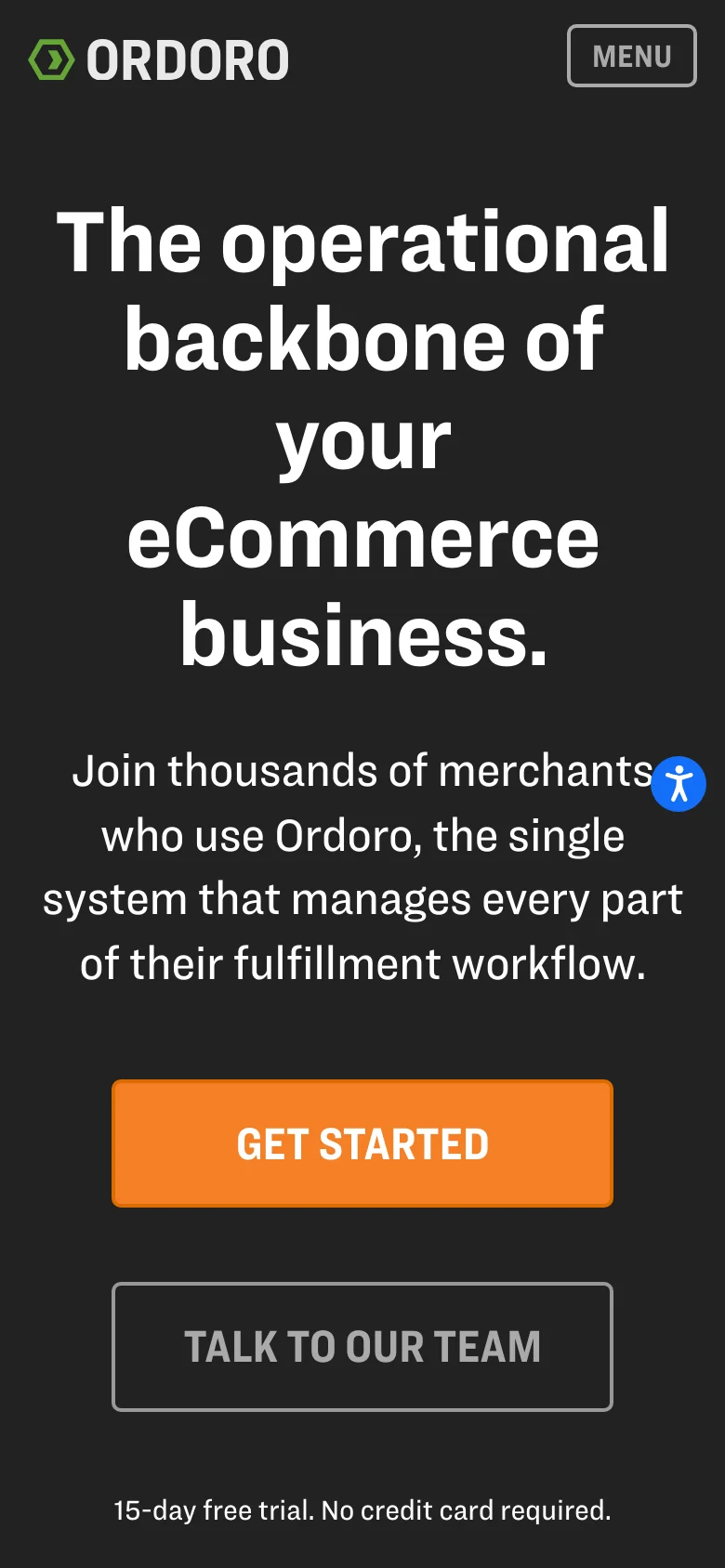 The mobile version presents a simplified vertical layout with a dark background. The hero headline and subtext are centered, followed by large, full-width 'Get Started' and 'Talk to our Team' buttons. A hamburger 'MENU' button is located in the top right corner of the header.