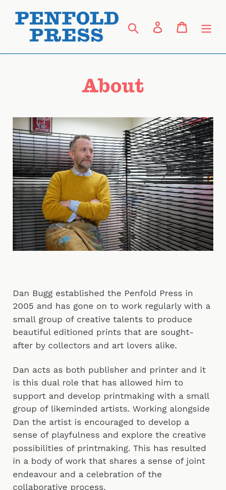 The mobile version shows a condensed layout with a centered red 'About' headline and the portrait of Dan Bugg. The navigation is tucked into a hamburger menu icon at the top right, alongside search, user, and shopping bag icons. The text content follows the image in a single-column vertical stack.