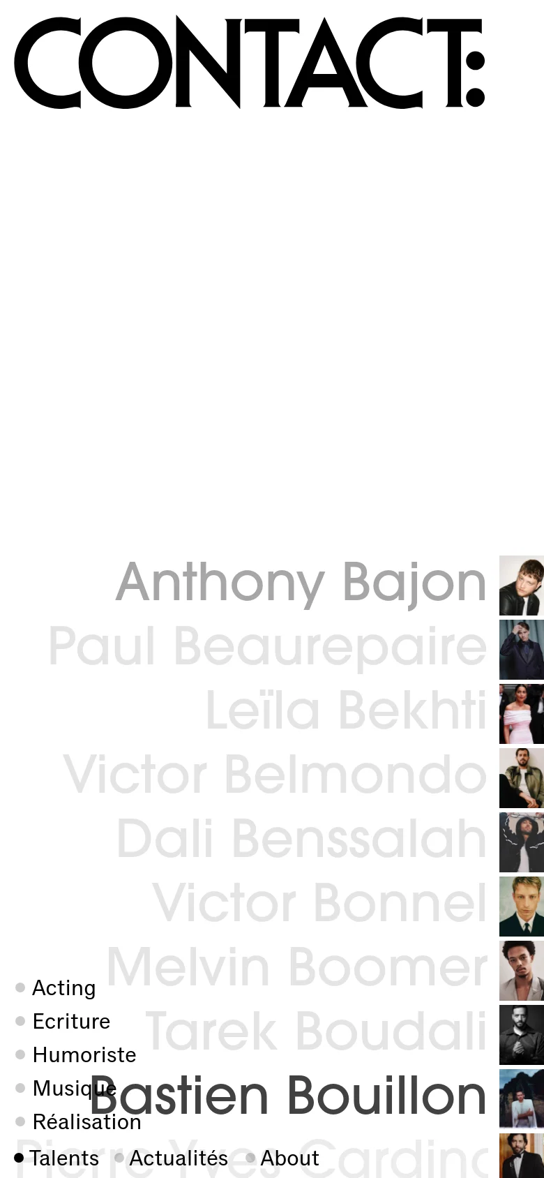 The mobile version presents a simplified vertical layout with the large 'CONTACT:' logo at the top. The talent categories and navigation links are stacked vertically, followed by a single-column scrolling list of talent portrait photos and names.