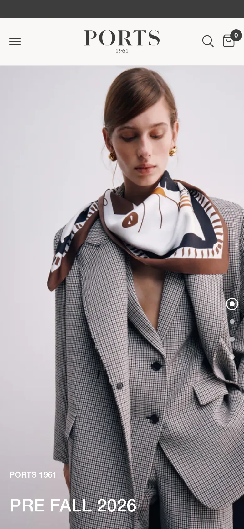 The mobile version uses a condensed header with a hamburger menu icon on the left, the logo centered, and search and shopping bag icons on the right. The hero image of the model fills the screen, with the 'PRE FALL 2026' text positioned at the bottom left to accommodate the vertical aspect ratio.