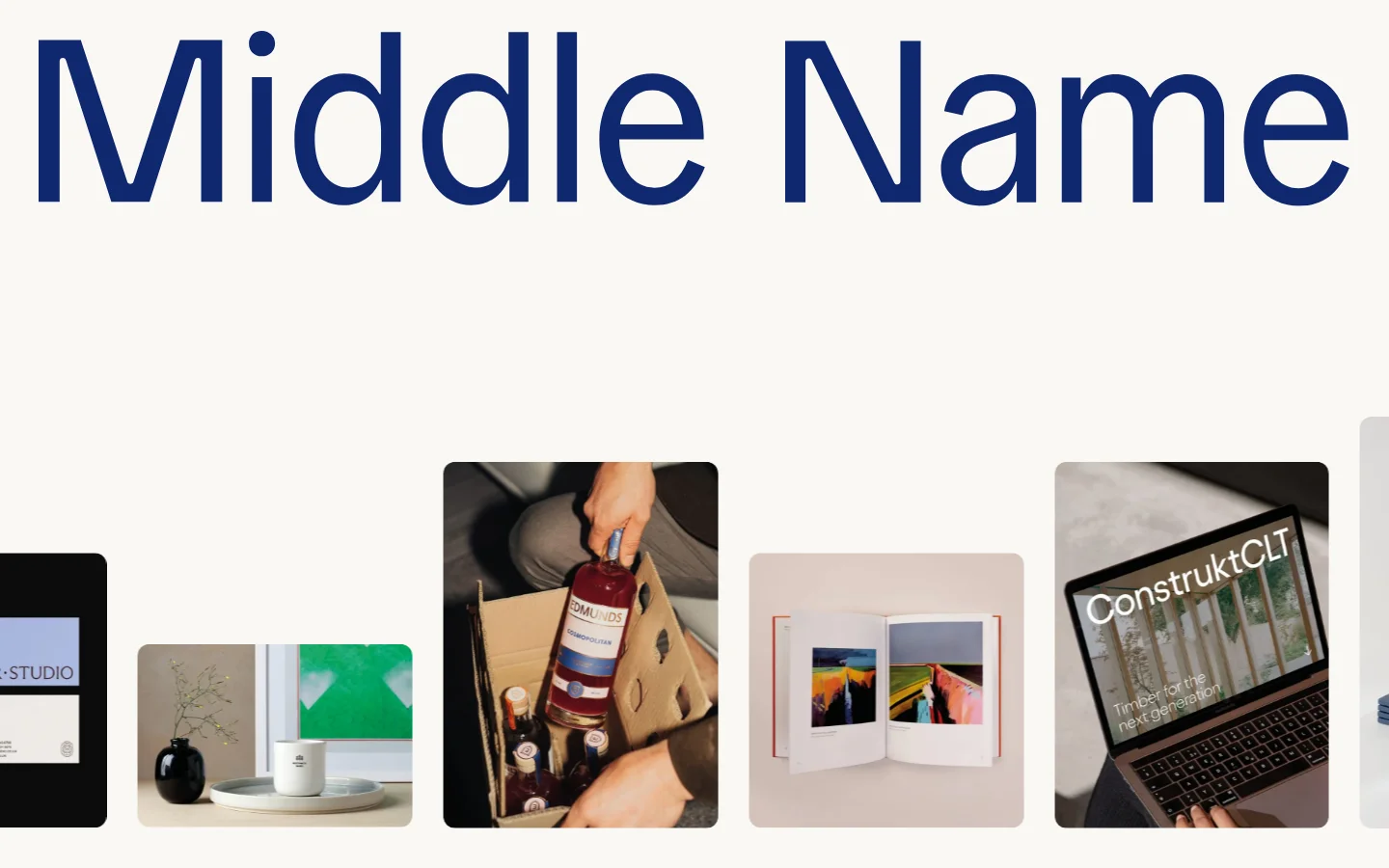 The Middle Name homepage features a large, dark blue brand name at the top against a clean white background. Below the header, a horizontal gallery displays various project thumbnails including lifestyle photography, product packaging, and digital designs. The layout is minimalist with a focus on visual portfolio work.