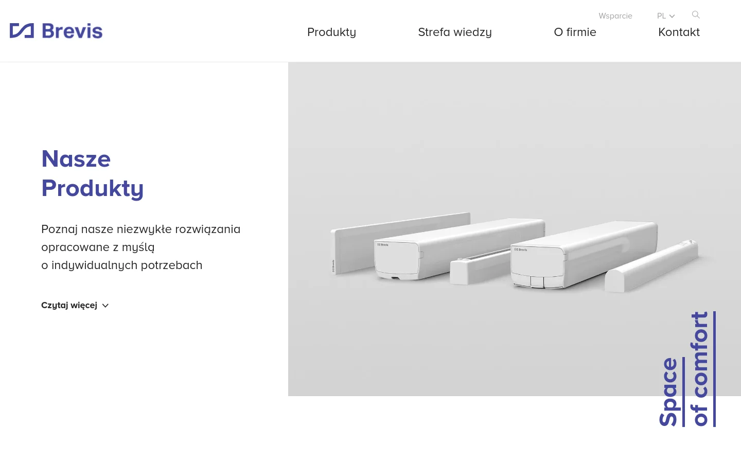 The desktop page features a clean, minimalist layout with a white and light gray color scheme. A large hero section displays the headline 'Nasze Produkty' on the left and a high-quality image of various white ventilation products on the right, accompanied by the vertical text 'Space of comfort'. The navigation menu at the top includes links for Produkty, Strefa wiedzy, O firmie, Wsparcie, and Kontakt.