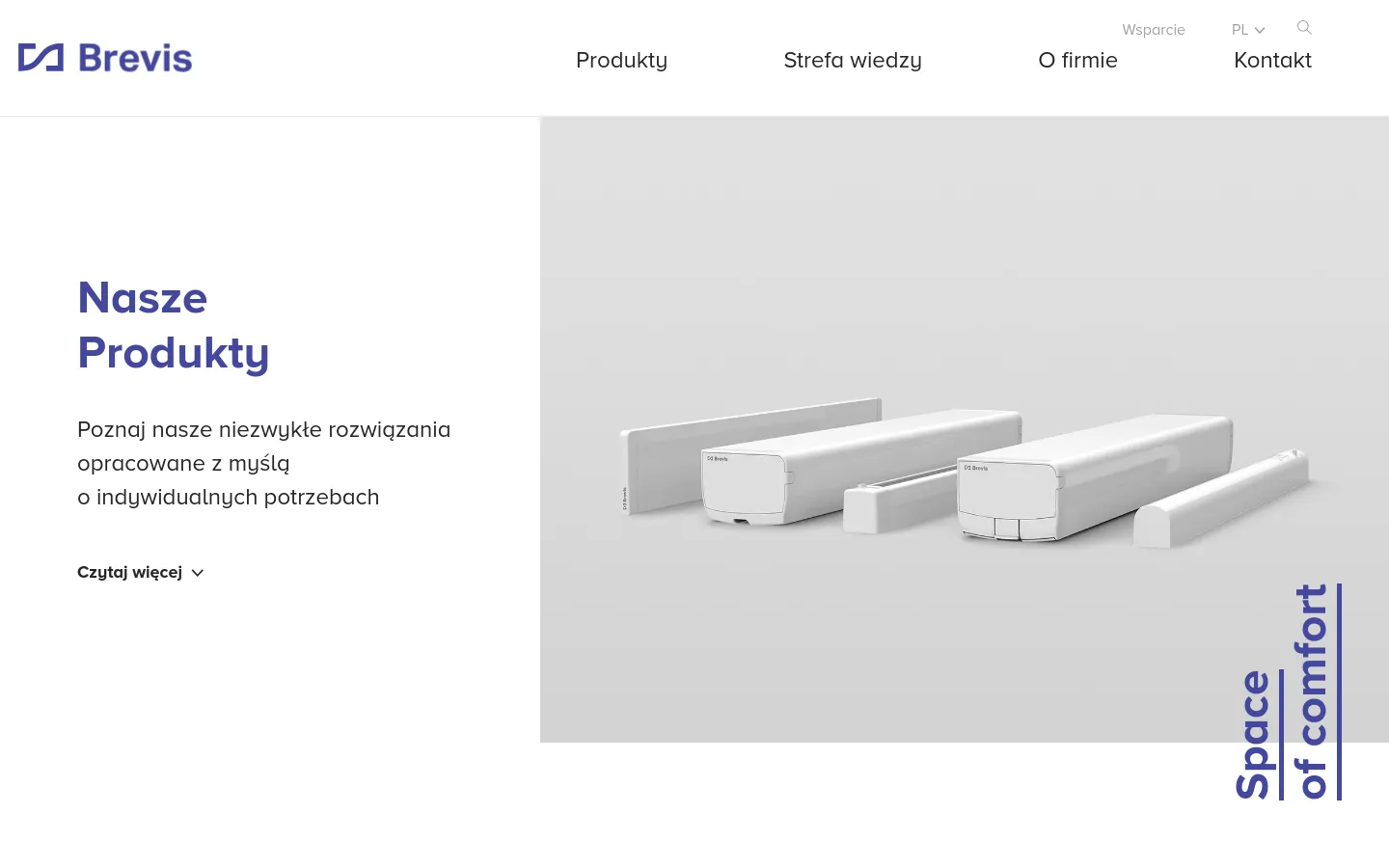 The desktop page features a clean, minimalist layout with a white and light gray color scheme. A large hero section displays the headline 'Nasze Produkty' on the left and a high-quality image of various white ventilation products on the right, accompanied by the vertical text 'Space of comfort'. The navigation menu at the top includes links for Produkty, Strefa wiedzy, O firmie, Wsparcie, and Kontakt.
