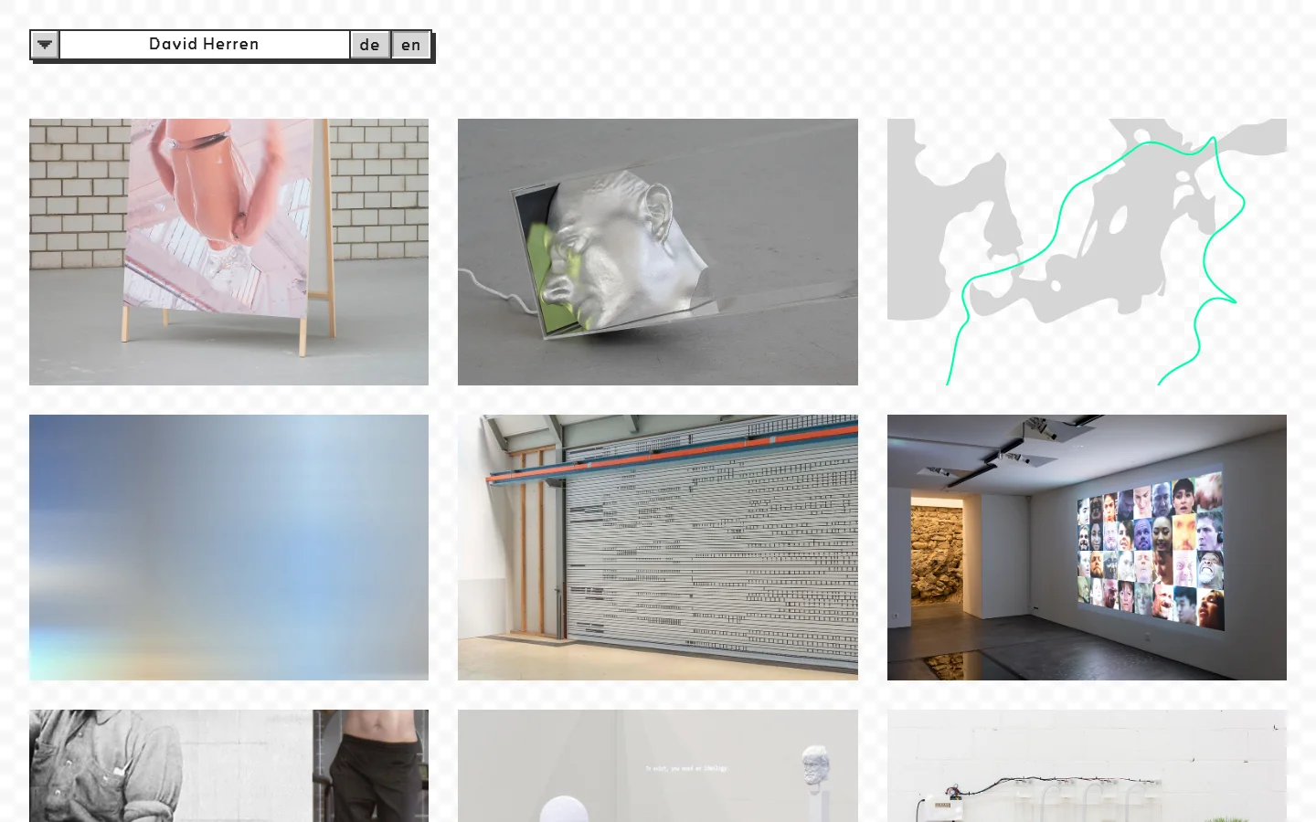 The homepage of visual artist David Herren features a minimalist grid layout of various artworks on a light gray background. The top navigation bar contains the name 'David Herren' and language toggles for German and English. The grid includes a photographic print on an easel, a 3D silver sculptural head, a teal line drawing of a map, and an installation view of a gallery wall.