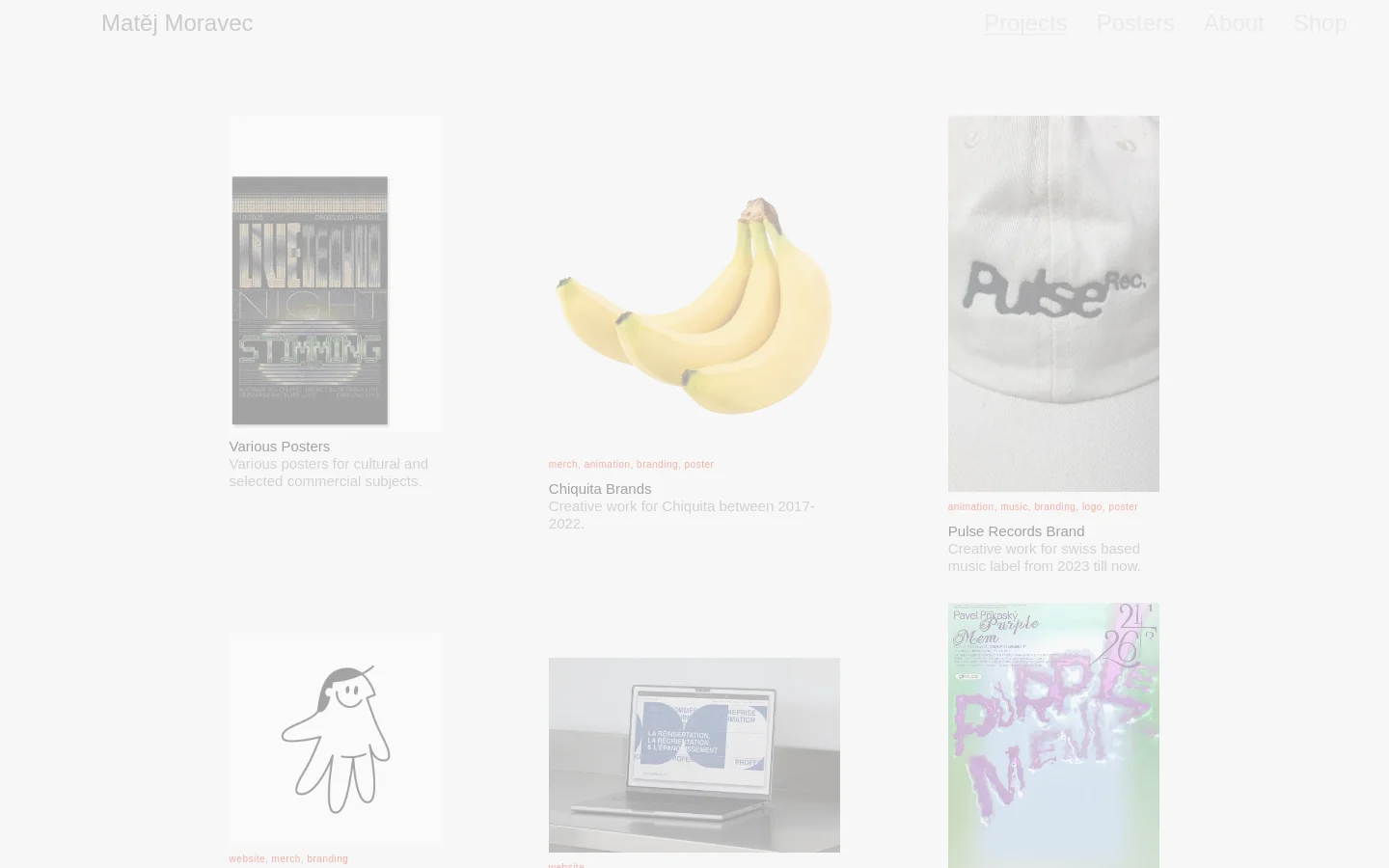 The Projects page features a minimalist white layout with a top navigation menu including Projects, Posters, About, and Shop. A grid of project tiles displays various creative works, such as posters and branding, accompanied by short descriptions and category tags like 'merch' or 'animation'.