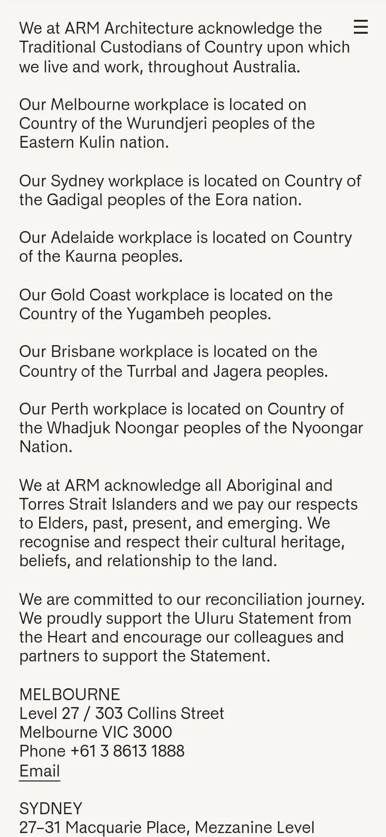 The mobile version presents a single-column vertical layout optimized for scrolling. The Acknowledgement of Country text is stacked prominently at the top, followed by the office contact information and career links. A hamburger menu icon is visible in the top right corner, and the layout is simplified compared to the multi-column desktop view.