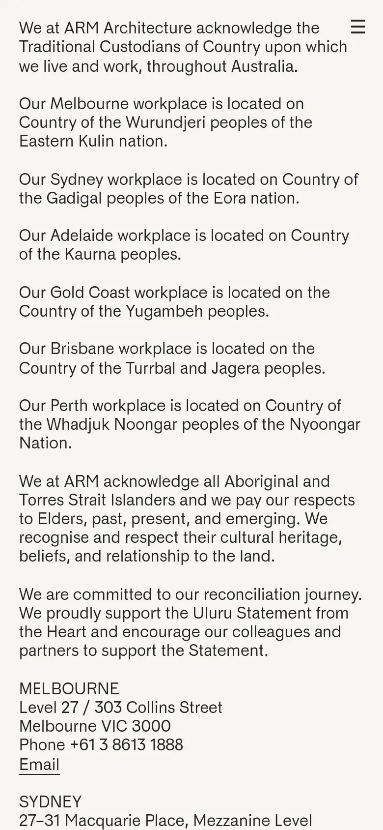 The mobile version presents a single-column vertical layout optimized for scrolling. The Acknowledgement of Country text is stacked prominently at the top, followed by the office contact information and career links. A hamburger menu icon is visible in the top right corner, and the layout is simplified compared to the multi-column desktop view.