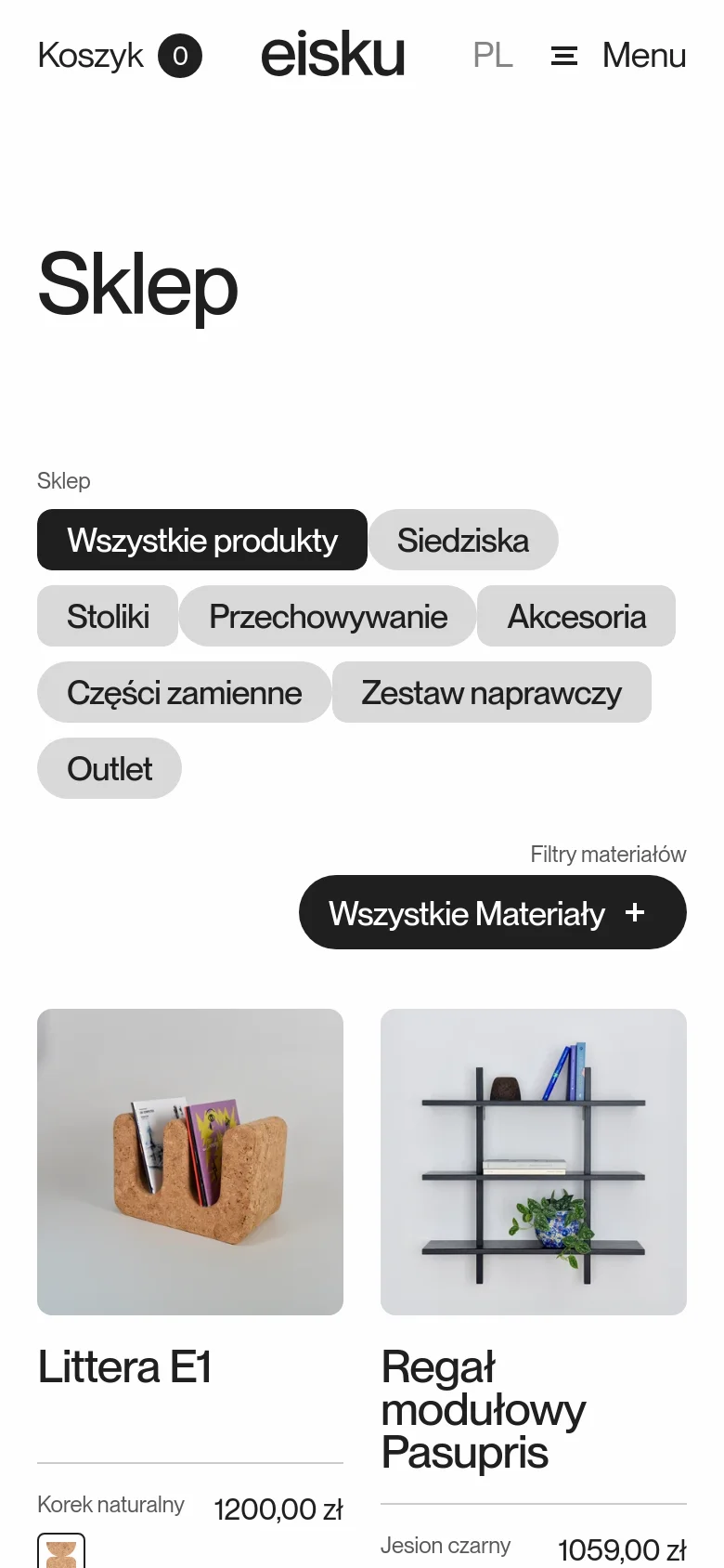 The mobile version presents a simplified vertical layout with a hamburger menu and a large 'Sklep' title. The product category filters are stacked into multiple rows of rounded buttons, and the product grid shifts to a single-column view to accommodate the smaller screen width.