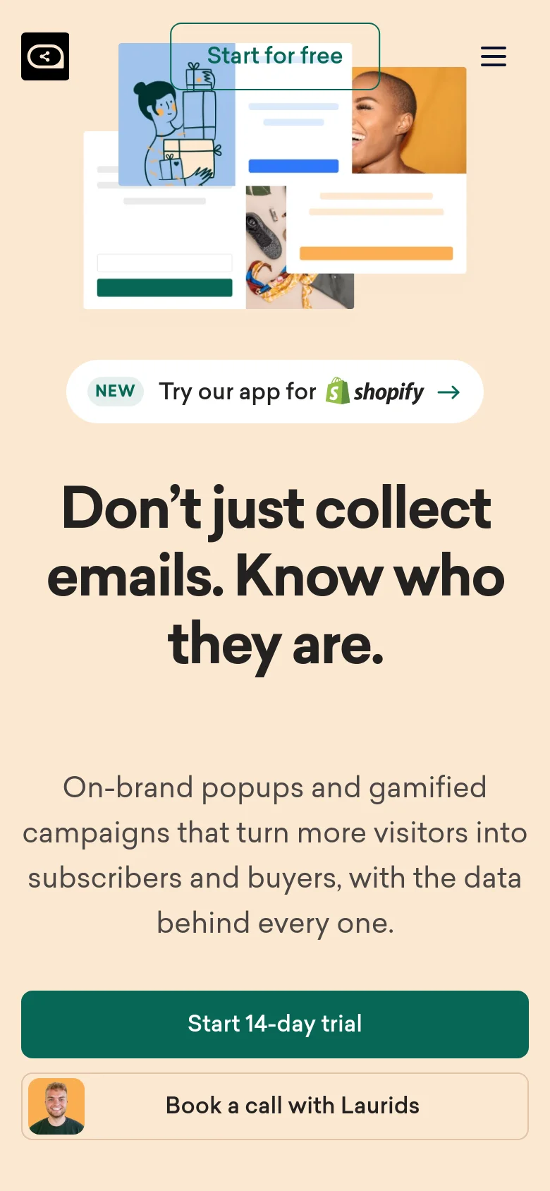 The mobile version uses a single-column layout with the headline and subtext centered for readability. The hero graphic is positioned above the main text, and the primary buttons, 'Start 14-day trial' and 'Book a call with Laurids', are stacked vertically and span the width of the screen. A hamburger menu icon is visible in the top right corner.