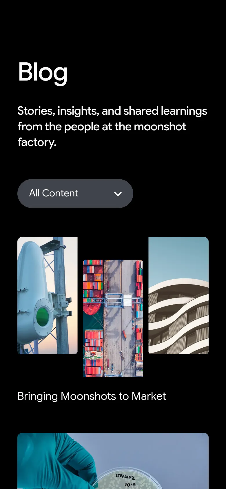 The mobile version maintains the dark theme and white typography but uses a single-column layout for the blog posts. The category dropdown and post images are stacked vertically to fit the narrow screen width.