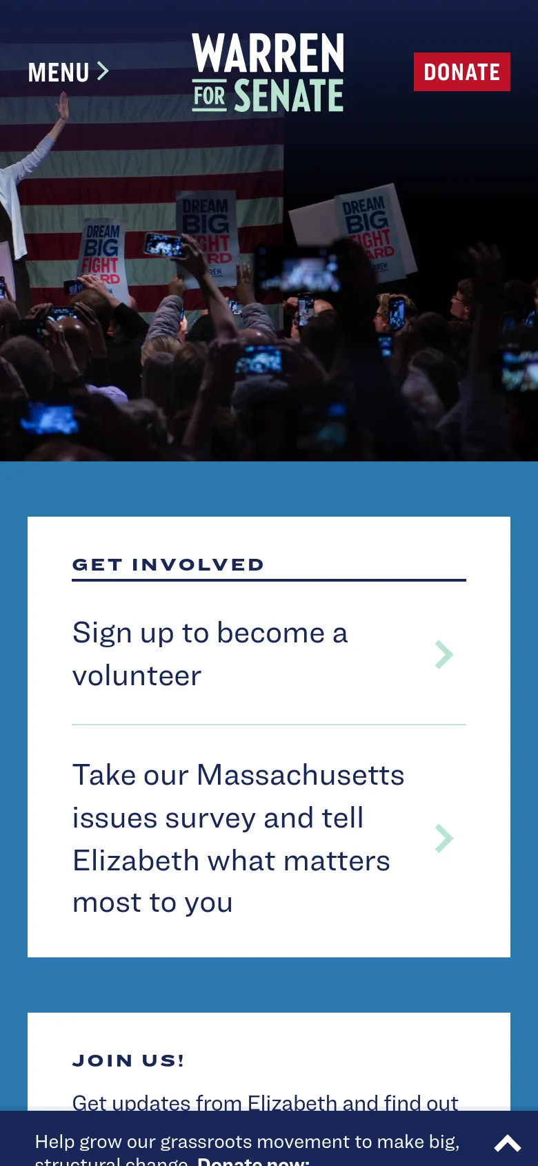 Mobile version of the homepage with a condensed layout. The hero image shows Elizabeth Warren waving to a crowd, with a 'MENU' button on the left and a red 'DONATE' button on the right. Below the image, a white card highlights 'GET INVOLVED' options with large, touch-friendly links to volunteer or take a survey.