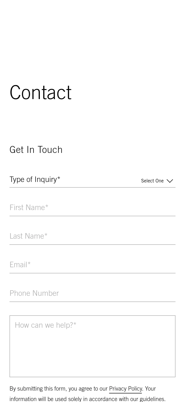 The mobile version presents a single-column vertical layout for clarity on smaller screens. The contact information for North America and Italy is stacked vertically above the 'Get In Touch' contact form, which spans the full width of the screen with simplified input fields.