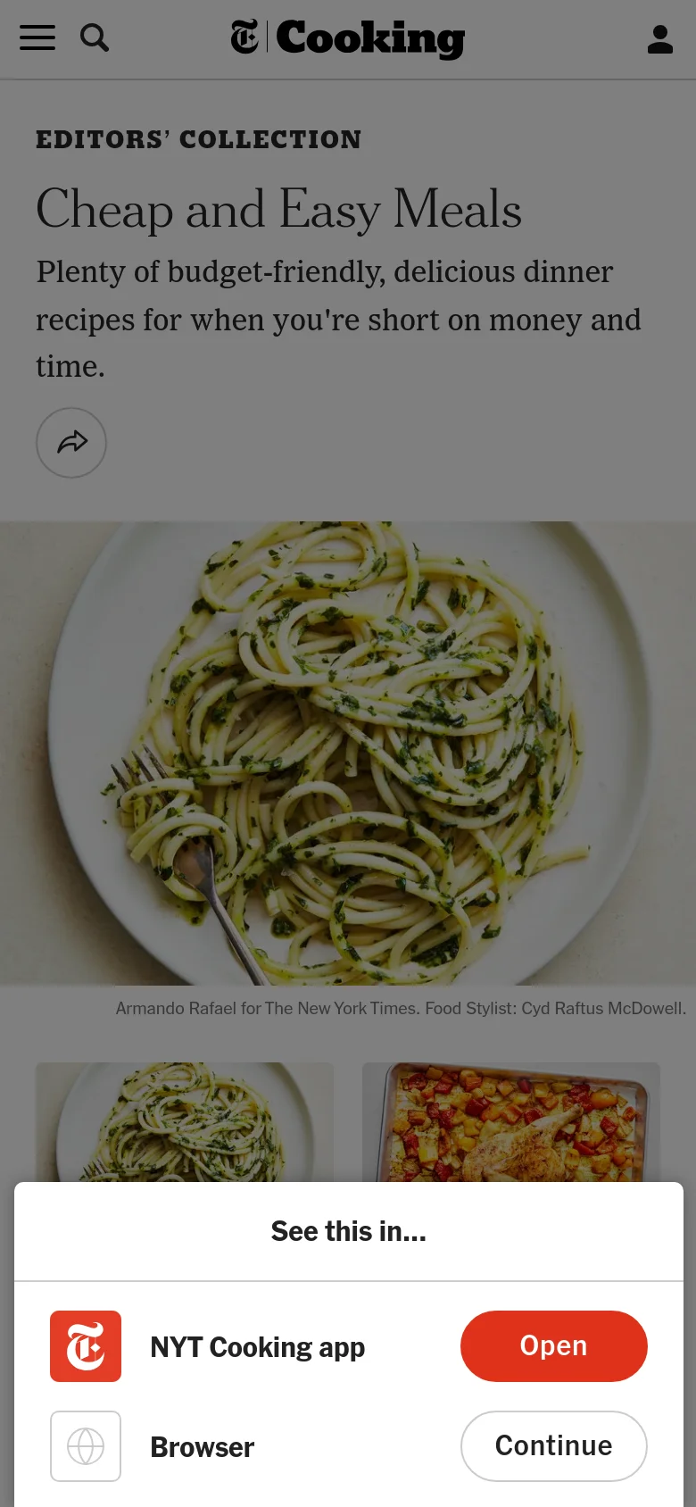 Mobile view of the 'Cheap and Easy Meals' collection page. The interface is condensed with a top navigation bar containing a menu icon, search icon, and user profile. The hero image of pasta is prominent, followed by a vertical stack of recipe cards that are partially obscured by a 'See this in...' app promotion overlay at the bottom.