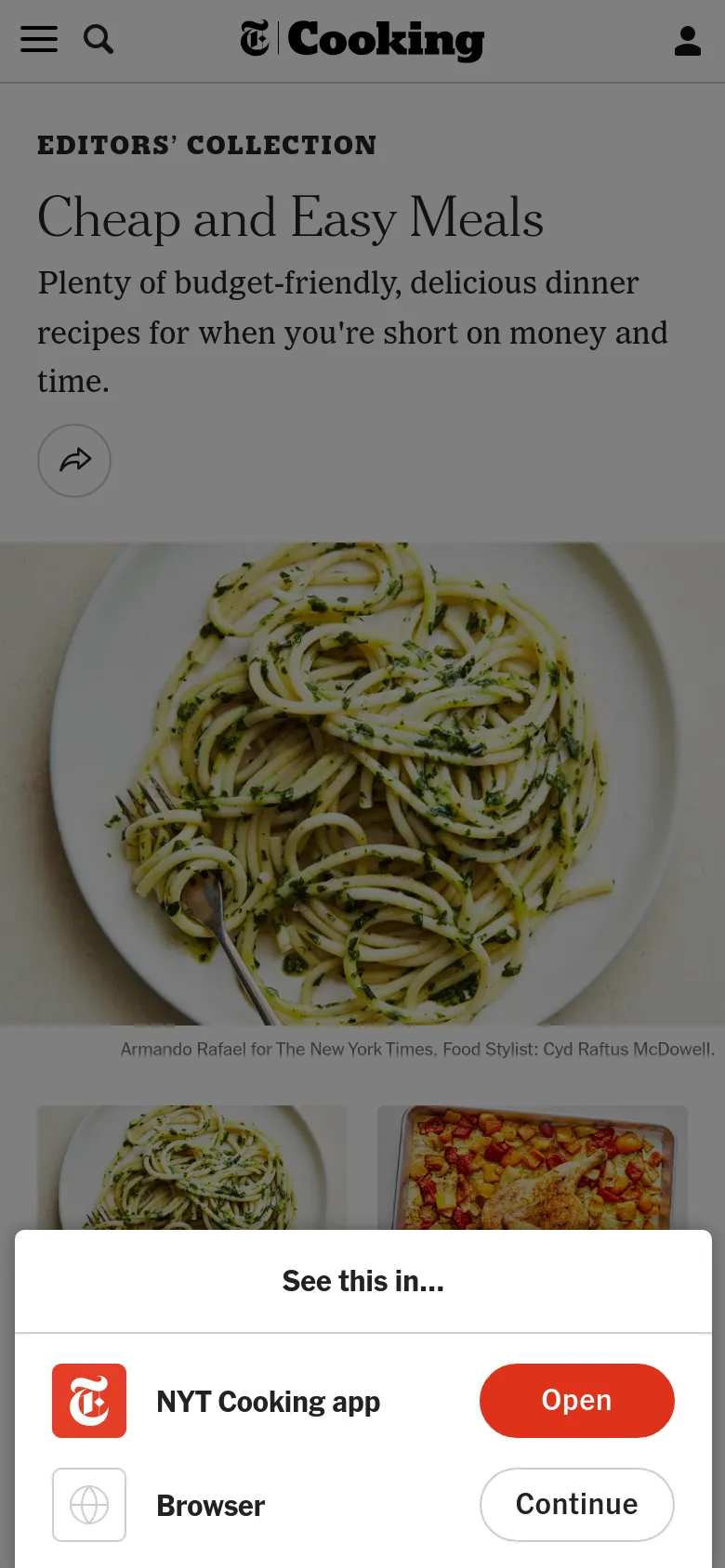 Mobile view of the 'Cheap and Easy Meals' collection page. The interface is condensed with a top navigation bar containing a menu icon, search icon, and user profile. The hero image of pasta is prominent, followed by a vertical stack of recipe cards that are partially obscured by a 'See this in...' app promotion overlay at the bottom.