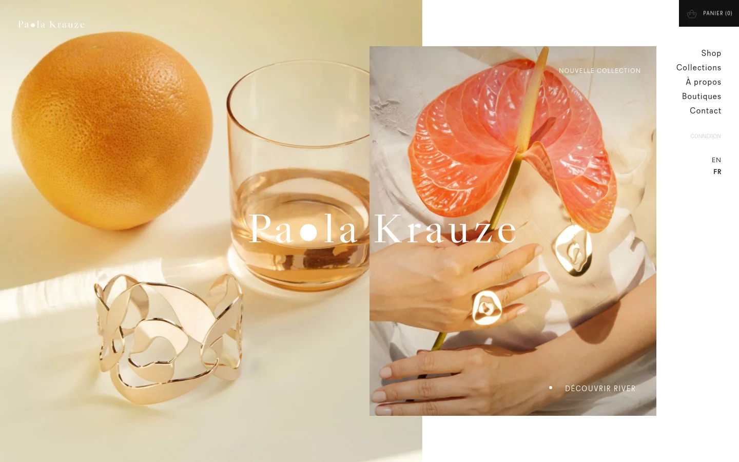 The desktop homepage features a minimalist, high-end aesthetic with a warm, sunlit hero image showing a grapefruit, a glass of water, and gold jewelry. The Paola Krauze logo is in white, with navigation links like Shop, Collections, and Boutiques on the right. A call to action, 'DÉCOUVRIR RIVER', is overlaid on a lifestyle image of hands holding an orange flower.