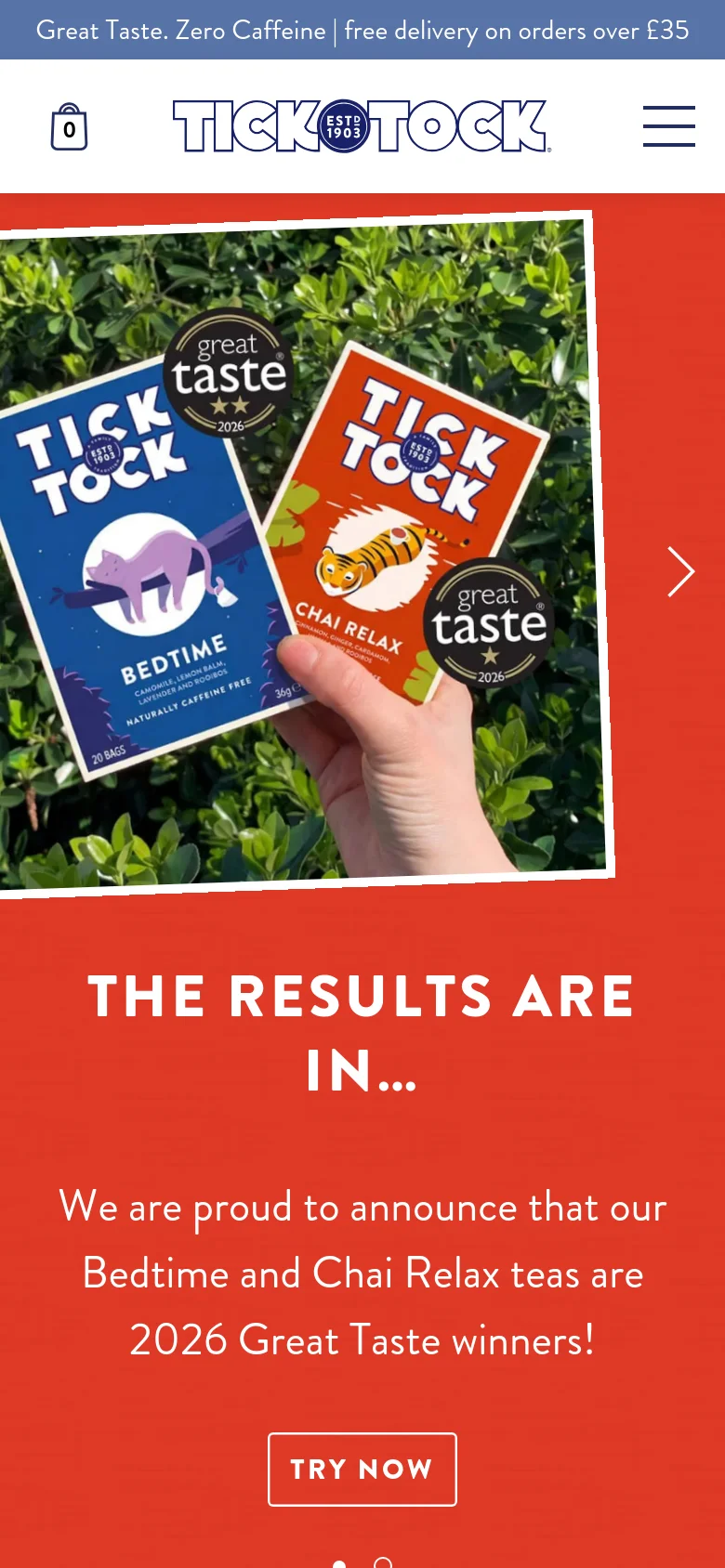 The mobile version presents a vertically stacked layout with the red hero section at the top. The award-winning tea boxes are shown in a large image above the headline 'THE RESULTS ARE IN...' and the announcement text. A prominent 'TRY NOW' button is centered below the text, and the navigation is condensed into a hamburger menu icon next to the brand logo.