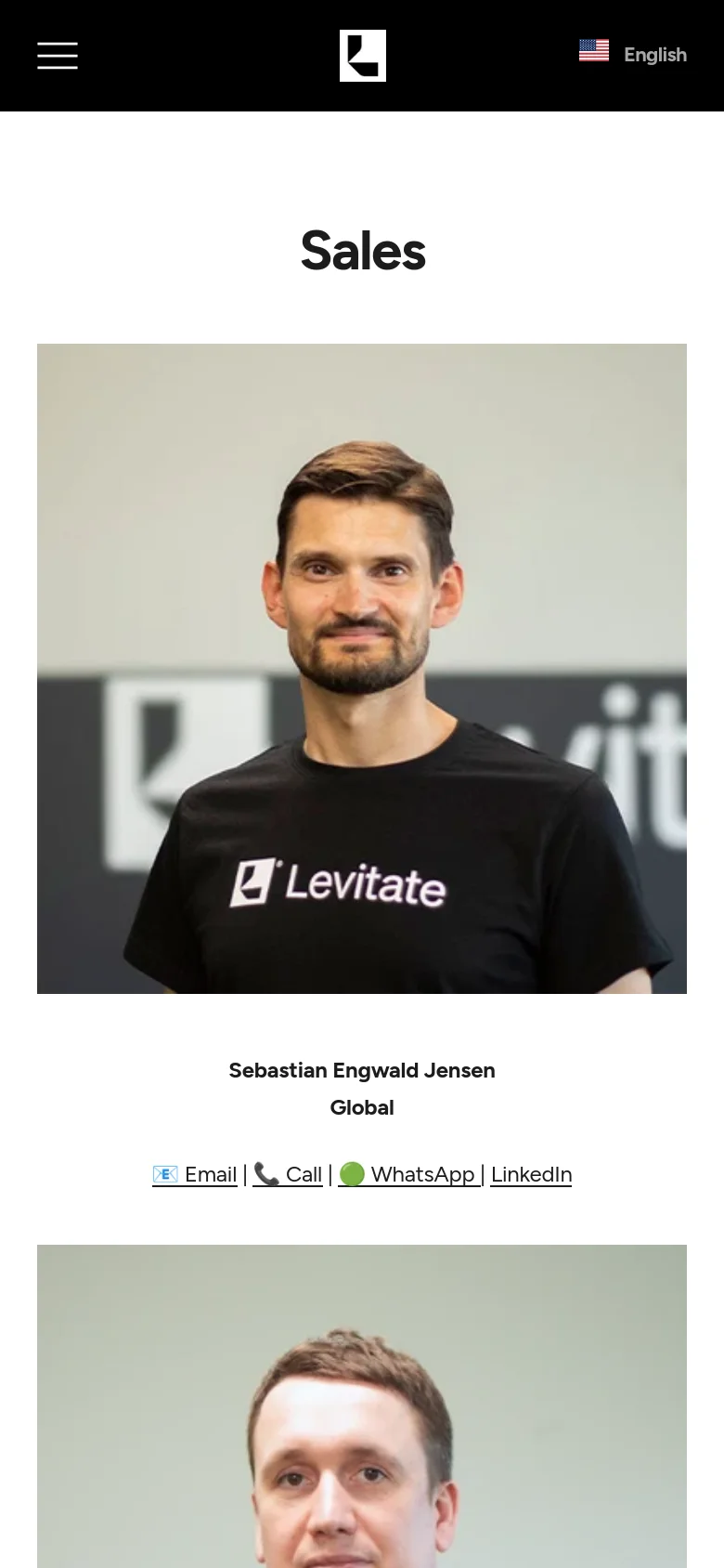 The mobile version displays the sales team in a single-column vertical stack rather than a grid. Each profile includes a large headshot followed by the name, region, and a series of text-based contact links. The header is condensed into a black bar with a hamburger menu and a language selector.