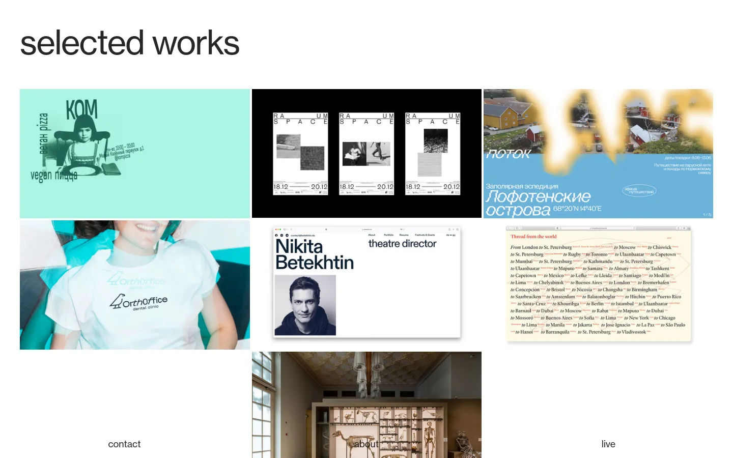 The desktop page features a large 'selected works' headline in black sans-serif type against a white background. Below, a grid of rectangular project tiles displays various graphic design works, including posters, book covers, and photography with diverse color palettes. Navigation links for 'contact', 'about', and 'live' are spaced out at the bottom of the page.