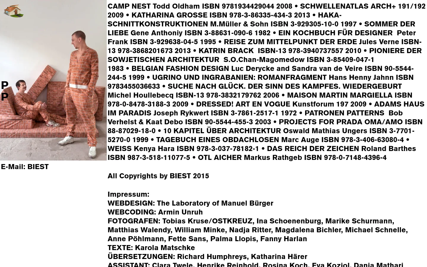 The desktop page features a minimalist layout with a large vertical photograph on the left showing two men wearing brick-patterned clothing in a white room. To the right, a large block of black text lists various book titles and ISBN numbers against a white background, followed by contact information and credits.