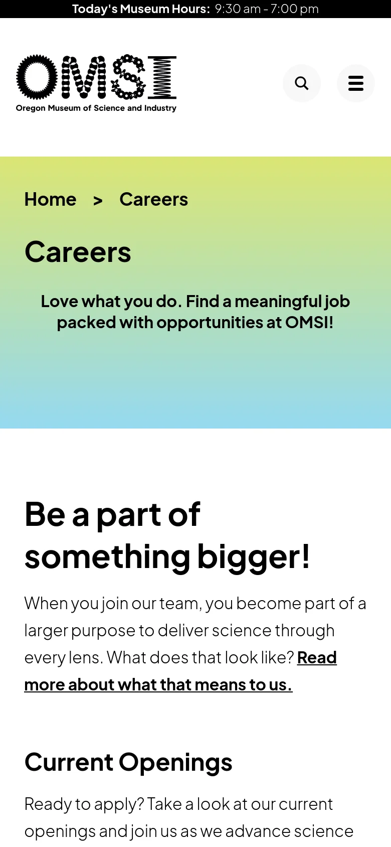 The mobile version simplifies the layout, replacing the horizontal navigation bar with a hamburger menu icon and a search icon next to the OMSI logo. The hero section retains the green-to-blue gradient and large 'Careers' headline, but the 'On This Page' sidebar is removed to allow the main content to stack vertically. The text is centered and scaled for a smaller screen.
