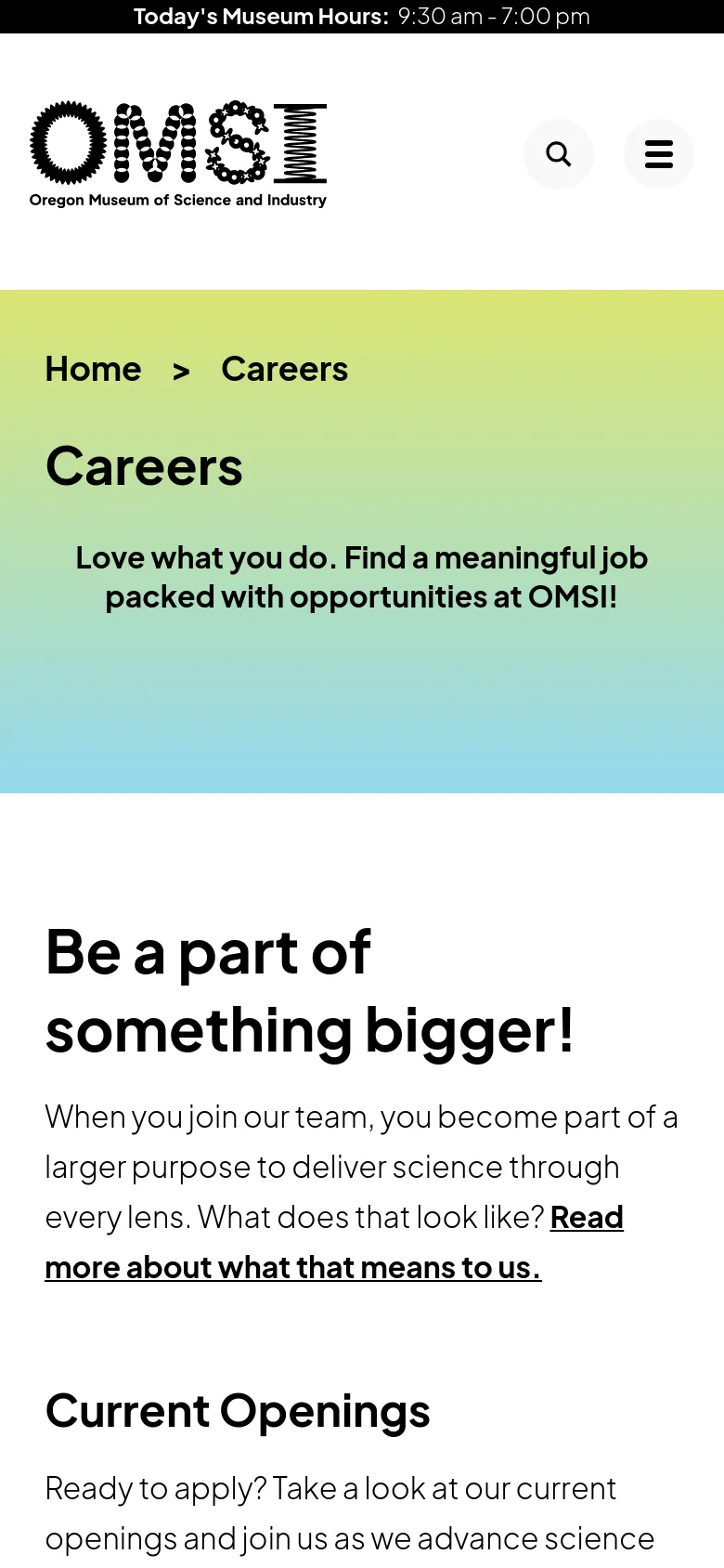 The mobile version simplifies the layout, replacing the horizontal navigation bar with a hamburger menu icon and a search icon next to the OMSI logo. The hero section retains the green-to-blue gradient and large 'Careers' headline, but the 'On This Page' sidebar is removed to allow the main content to stack vertically. The text is centered and scaled for a smaller screen.