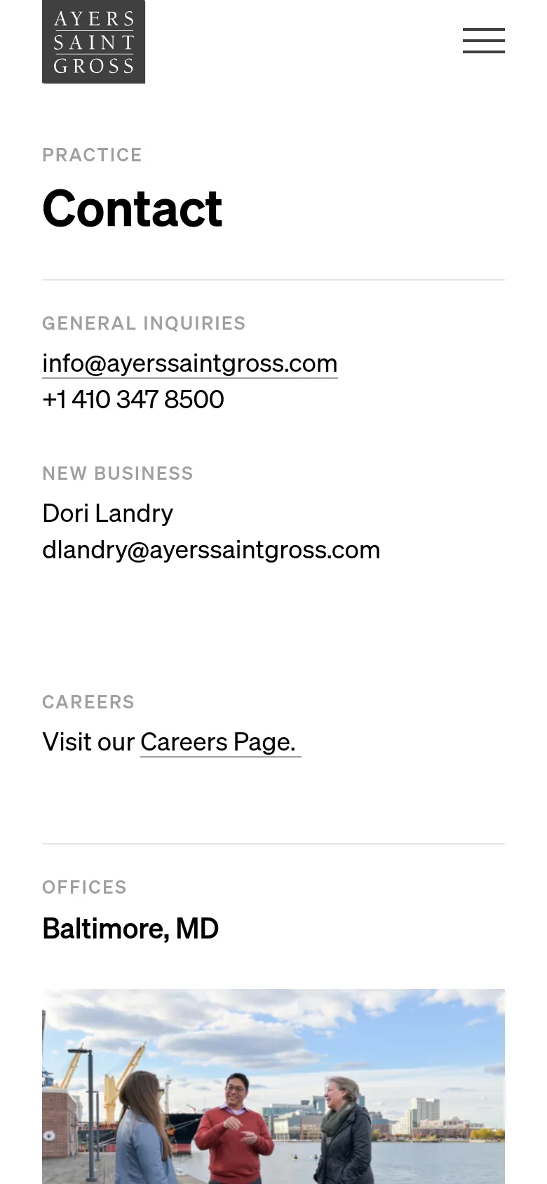 The mobile version presents the same contact information in a single-column vertical stack for easier scrolling. The layout shifts from a multi-column grid to a linear format, with the office location headings and their corresponding images appearing sequentially down the page.