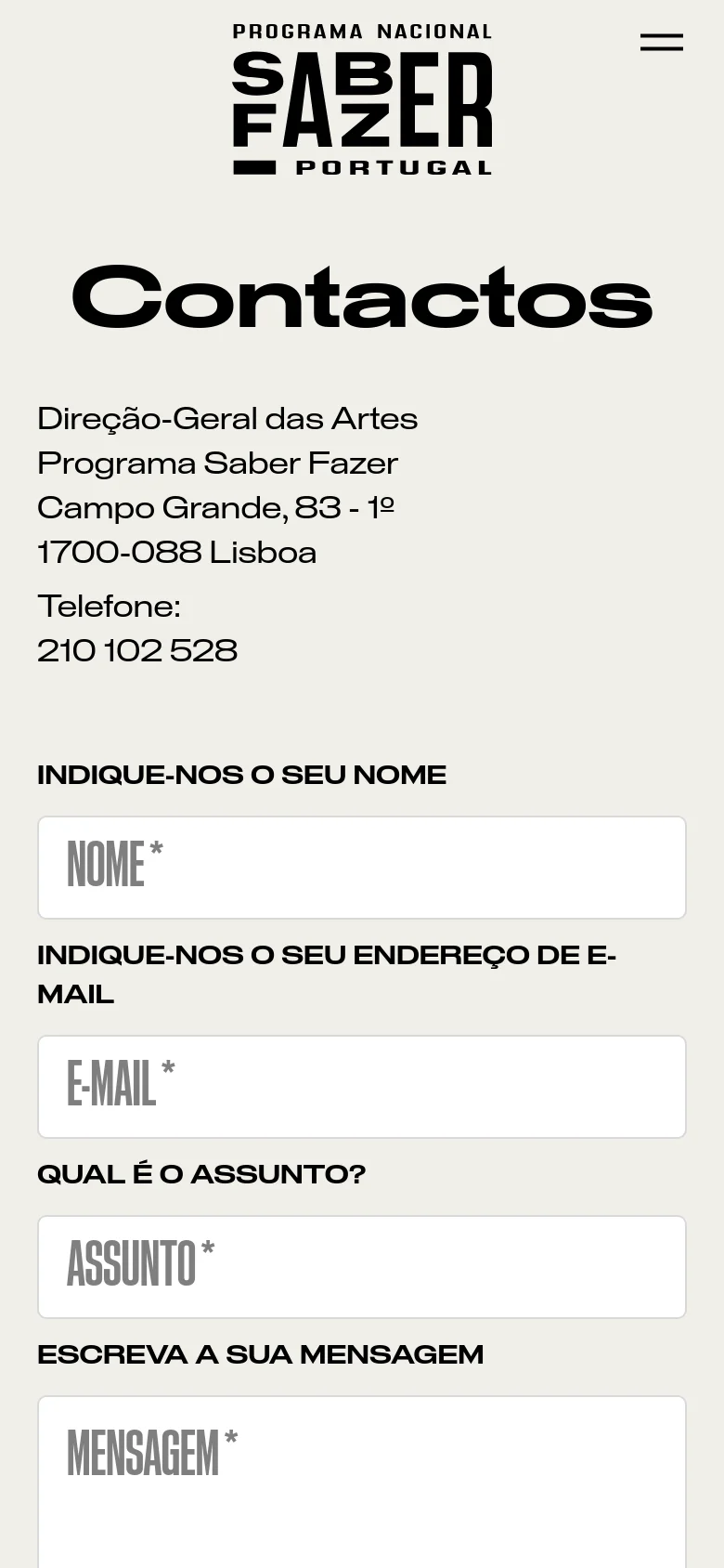 The mobile version maintains the minimalist beige and black theme but uses a simplified layout. The navigation menu is condensed into a hamburger icon, and the contact form fields are stacked vertically to fit the narrow screen width.