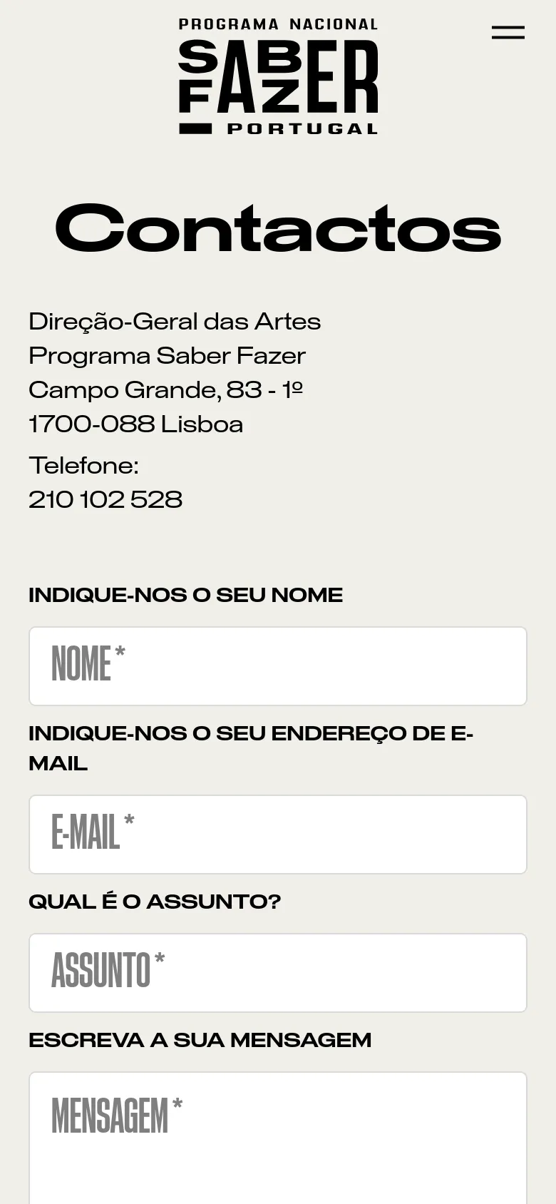 The mobile version maintains the minimalist beige and black theme but uses a simplified layout. The navigation menu is condensed into a hamburger icon, and the contact form fields are stacked vertically to fit the narrow screen width.
