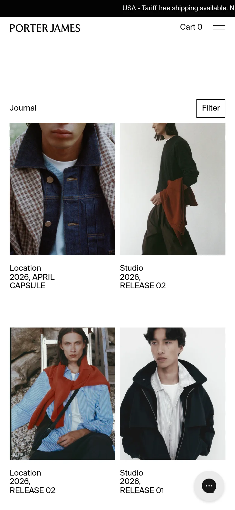 The mobile version presents a simplified layout with the Porter James logo, a 'Cart 0' indicator, and a hamburger menu icon at the top. The content consists of a single-column vertical stack of large editorial images and their corresponding text descriptions, such as 'Studio 2026, RELEASE 02', maintaining the clean, high-contrast aesthetic of the desktop site.