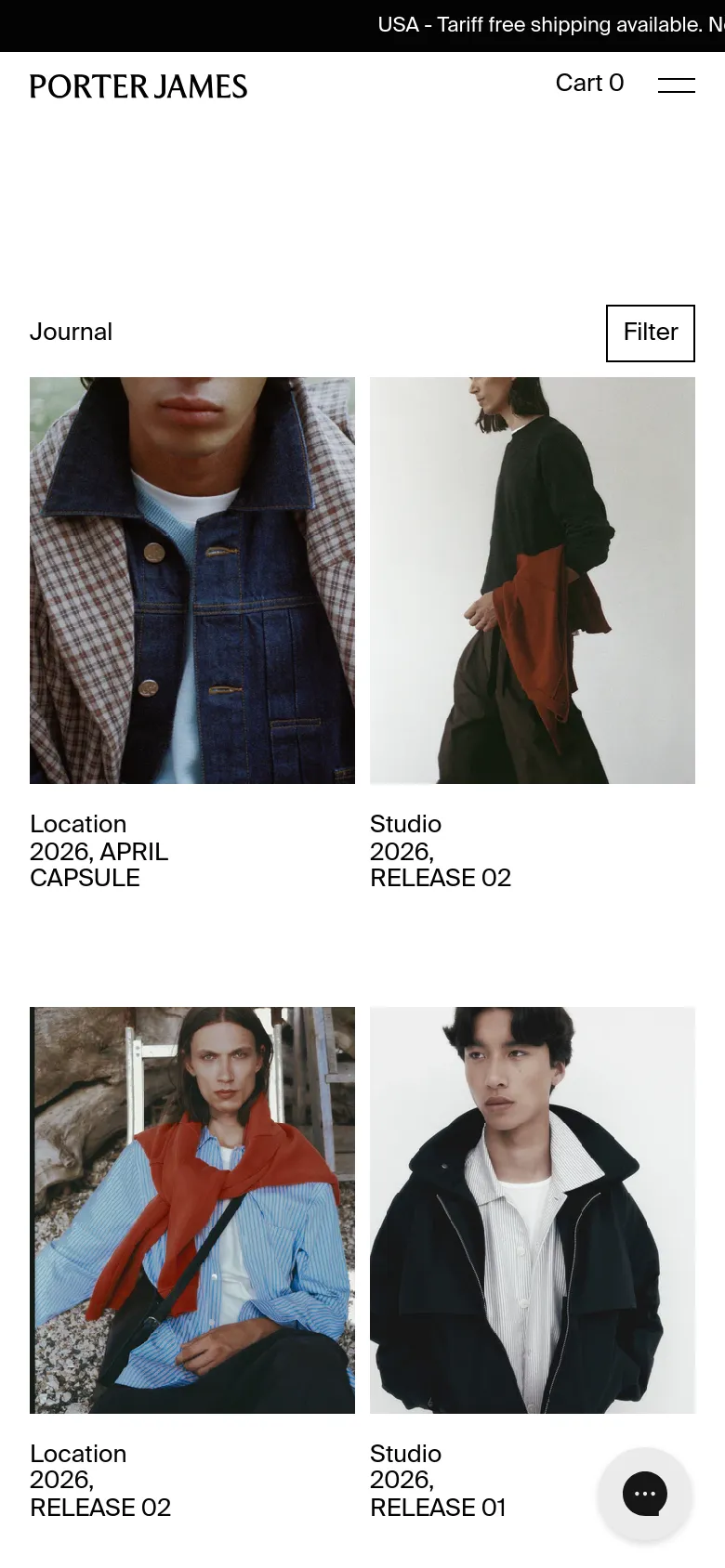 The mobile version presents a simplified layout with the Porter James logo, a 'Cart 0' indicator, and a hamburger menu icon at the top. The content consists of a single-column vertical stack of large editorial images and their corresponding text descriptions, such as 'Studio 2026, RELEASE 02', maintaining the clean, high-contrast aesthetic of the desktop site.