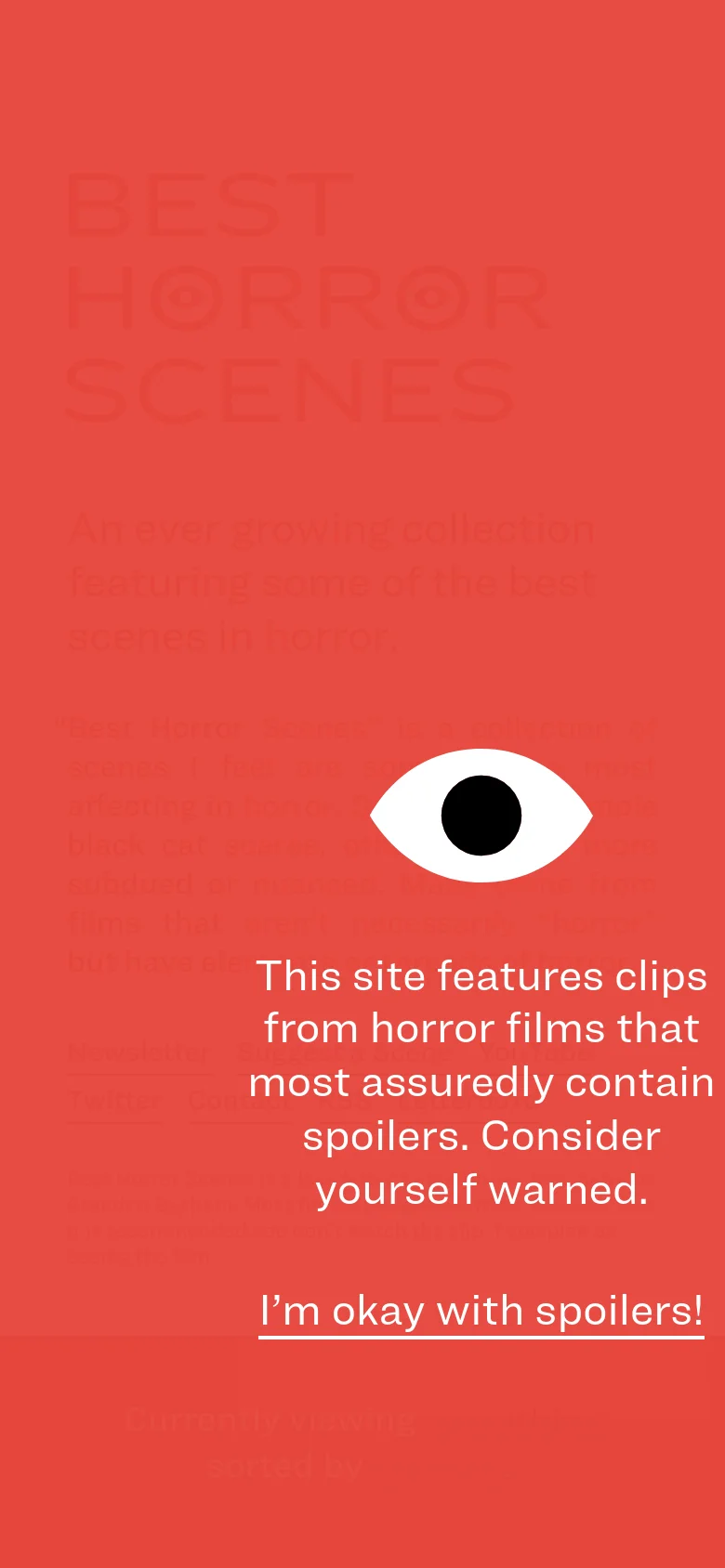 The mobile version maintains the red color scheme and spoiler warning overlay but uses a vertical layout. The text is centered, and the eye icon is positioned above the warning message, which includes a large, underlined 'I'm okay with spoilers!' link at the bottom.