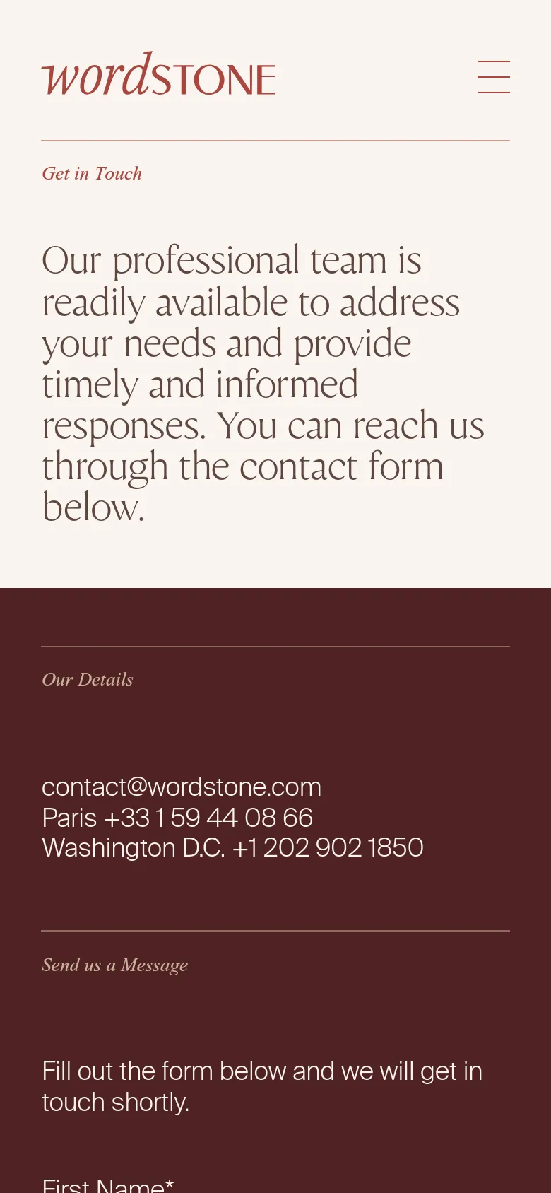The mobile version maintains the white and burgundy color scheme but uses a single-column vertical layout for readability. The navigation menu is collapsed into a hamburger icon at the top right, and the large introductory text is stacked vertically above the contact details and form.