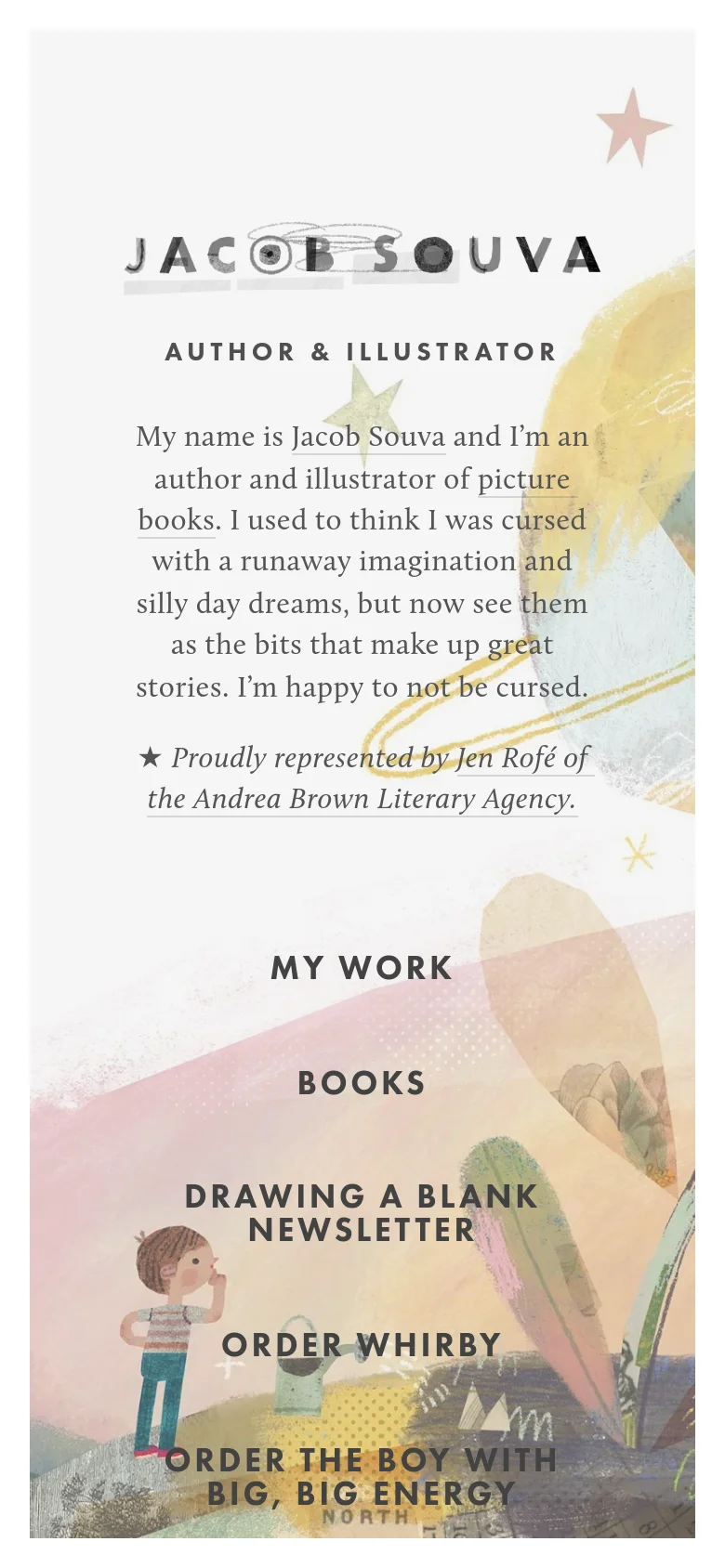 The mobile version presents a vertically stacked layout with the 'JACOB SOUVA' logo and biography at the top. The whimsical illustrations are repositioned to frame the text, and the navigation links are enlarged and centered for easier tapping on a smaller screen.