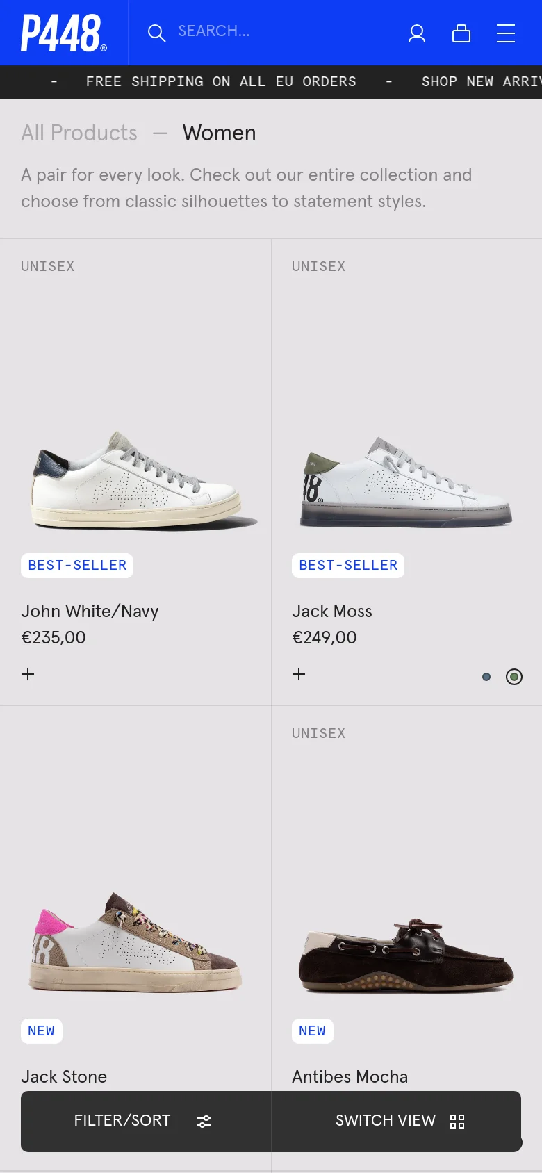 The mobile version presents a simplified vertical layout with a blue header containing the brand logo, search icon, user account, and shopping bag. The product grid shifts to a single or double column view to accommodate smaller screens, focusing on large product imagery and essential details like name and price. A prominent bottom navigation bar provides quick access to 'Filter/Sort' and 'Switch View' functions.