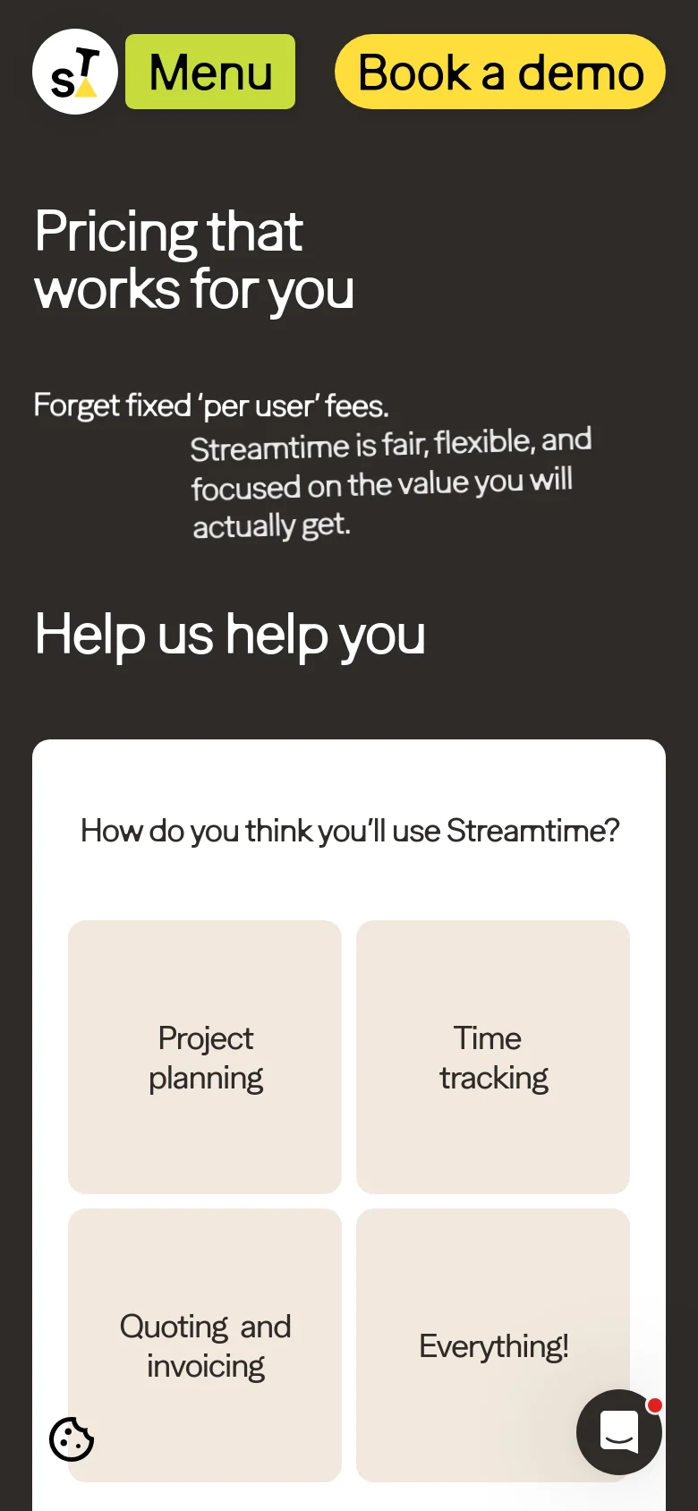 The mobile version uses a vertical layout with a dark background and large, bold typography. The navigation is condensed into a 'Menu' button, and the use case selection tiles are stacked in a two-by-two grid within a large white container.