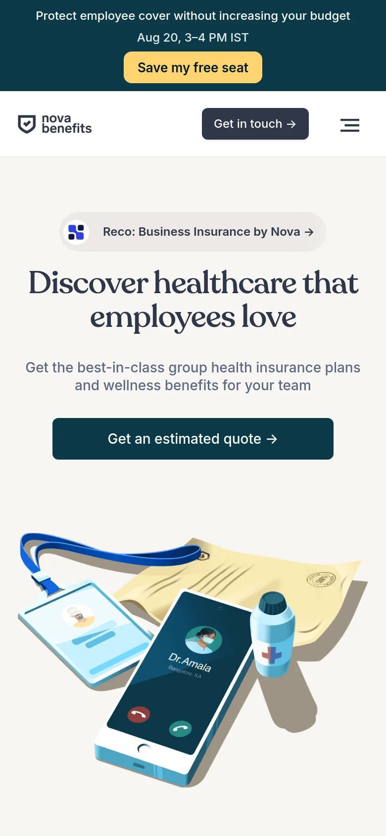 The mobile version uses a single-column layout with the headline and text centered above the primary 'Get an estimated quote' button. The 3D medical illustration is repositioned below the call-to-action button, and the navigation menu is condensed into a hamburger icon next to a 'Get in touch' button.