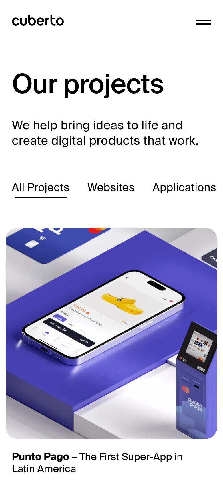 The mobile version maintains the white minimalist aesthetic but uses a single-column layout for the project feed. The header features a condensed logo and a hamburger menu icon on the right. The project filtering menu is scrollable horizontally, and project cards are stacked vertically with large, edge-to-edge imagery.