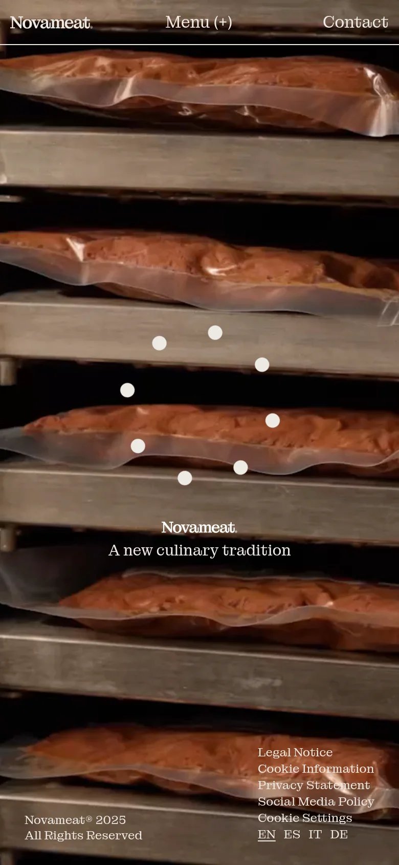 The mobile version displays a vertical hero image showing vacuum-sealed meat products on metal shelves. The layout is simplified with a 'Menu (+)' button and 'Contact' link at the top, and the brand slogan 'Novameat. A new culinary tradition' centered in the middle of the screen.