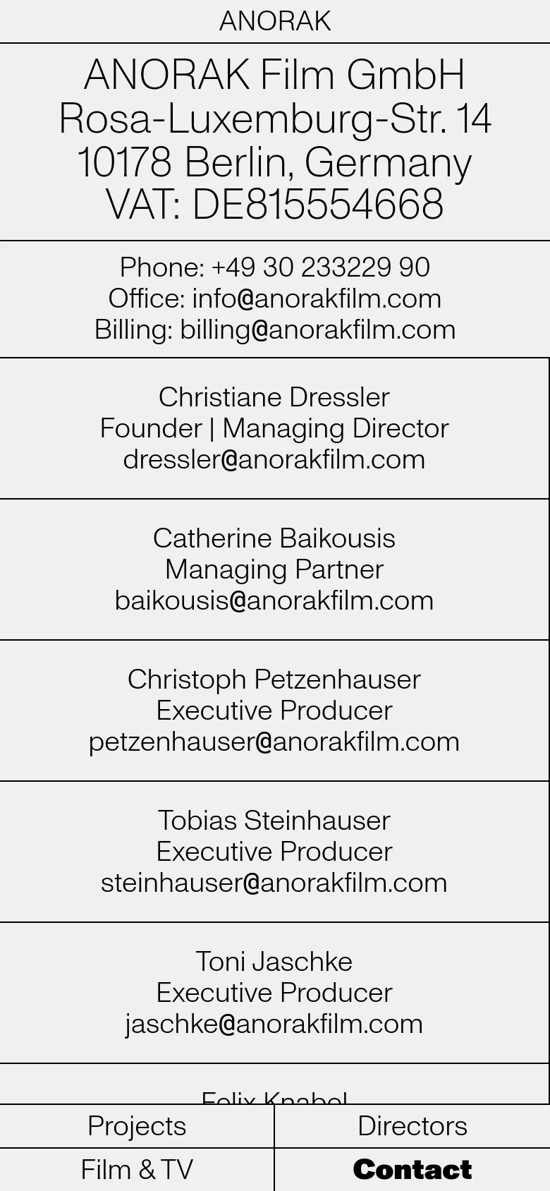 The mobile version maintains the minimalist aesthetic but transitions the grid into a single-column vertical list for easier scrolling. The company contact information and team member details are stacked vertically, and the navigation menu is repositioned at the bottom of the screen.