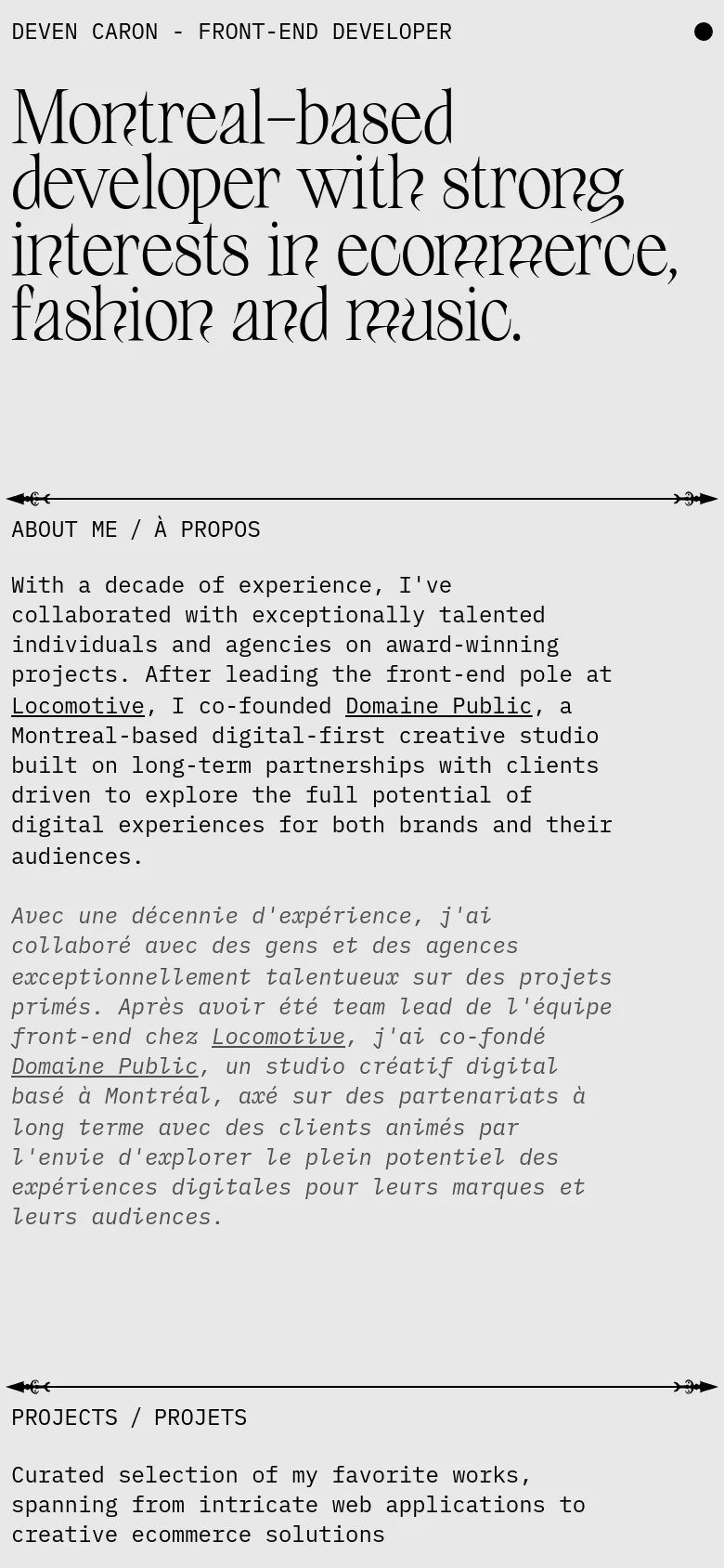 The mobile version maintains the minimalist aesthetic and large serif typography but shifts to a single-column vertical layout. The hero headline is scaled to fit the narrow screen, and the bilingual 'About Me' text stacks vertically rather than sitting side-by-side.
