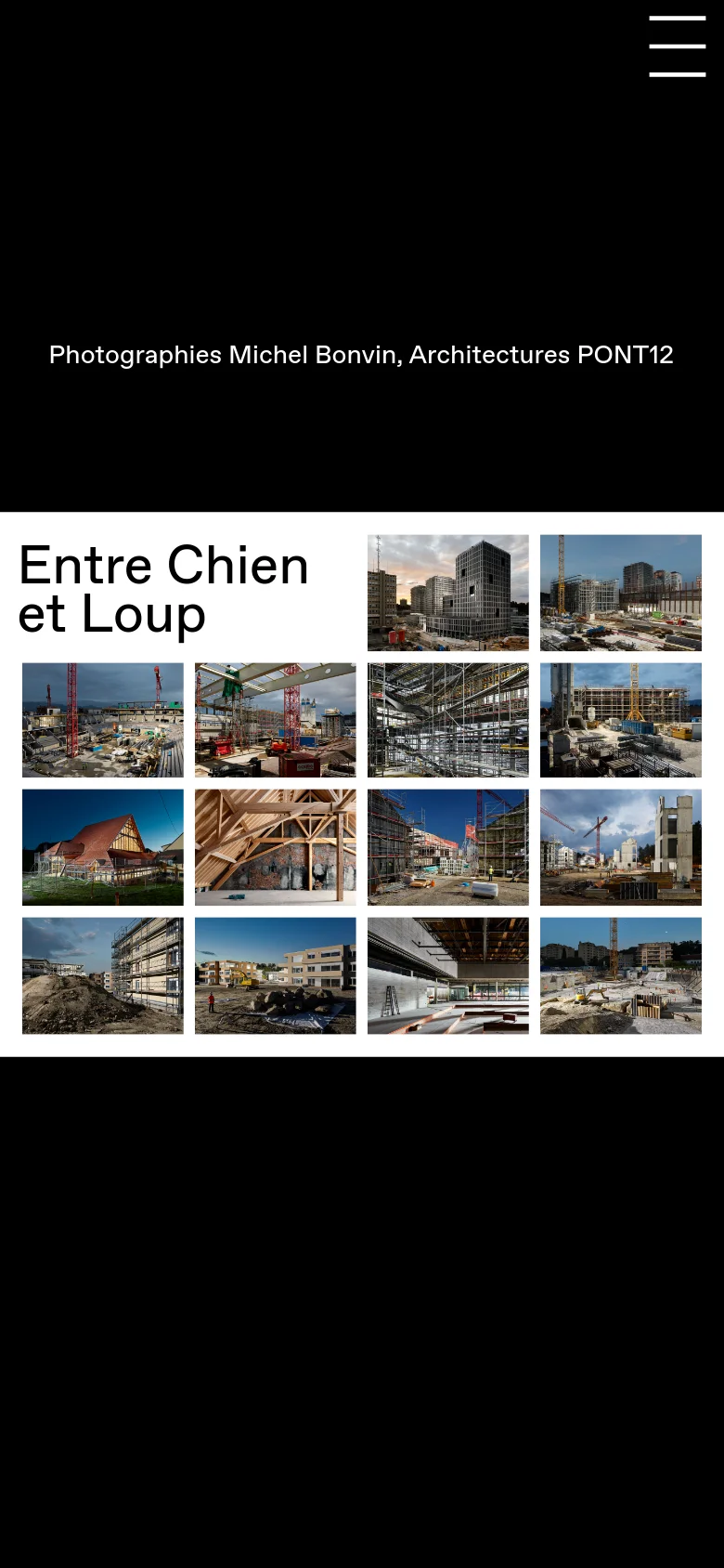 The mobile version uses a dark theme with a black background and white text. The large title 'Entre Chien et Loup' is positioned at the top, followed by a single-column vertical stack of architectural photographs. A large hamburger menu icon is prominent in the top right corner.
