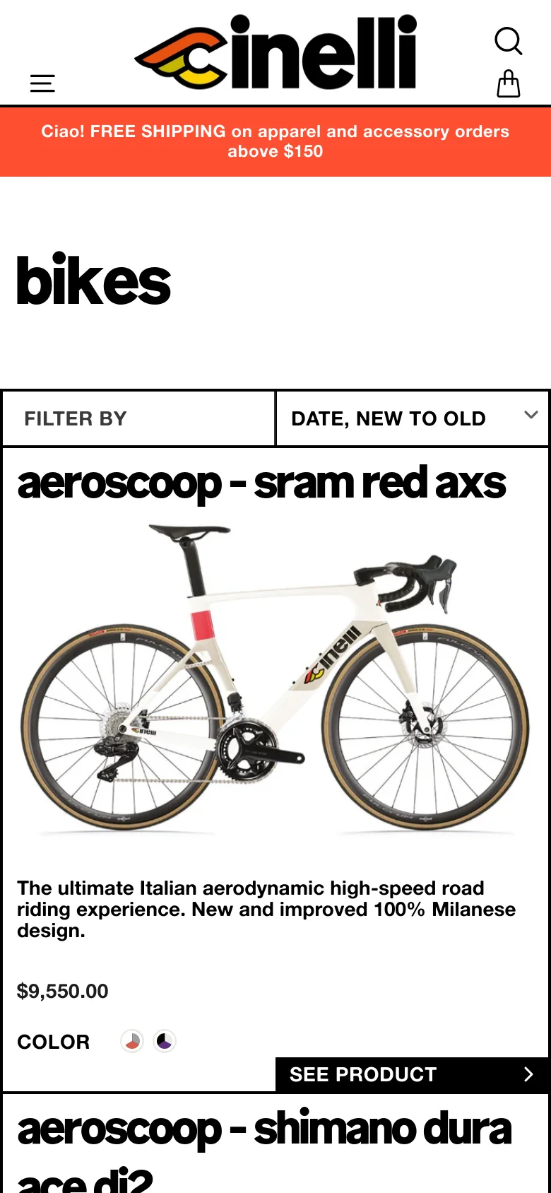 The mobile version presents a simplified, single-column layout optimized for vertical scrolling. The header includes a hamburger menu and a shopping bag icon, with the 'bikes' title prominently displayed above a full-width product card. Each product card features a large image, a detailed description, the price, color swatches, and a prominent 'SEE PRODUCT' call-to-action button.