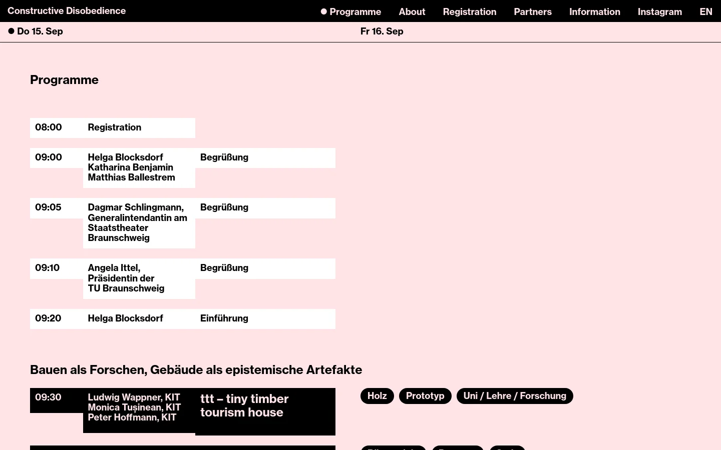 The desktop homepage features a minimalist design with a light pink background and black text. A top navigation bar includes links for Programme, About, Registration, Partners, Information, Instagram, and language selection. The main content displays a structured conference programme with times, speaker names, and session titles arranged in a clean, multi-column list layout.
