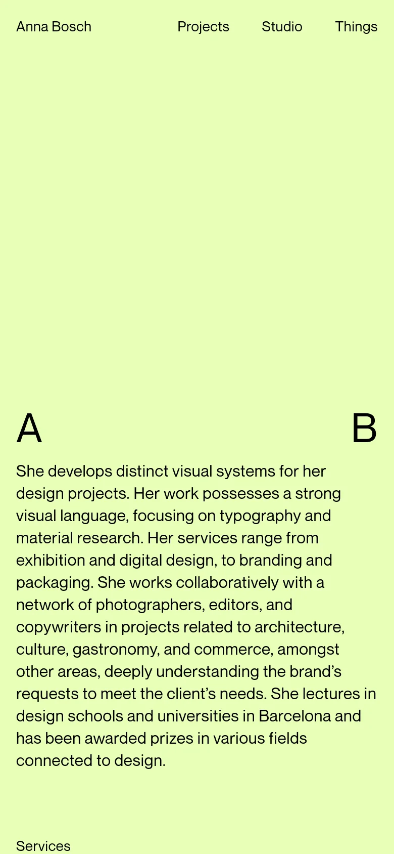 The mobile version maintains the pale lime green background and minimalist aesthetic but adopts a vertical single-column layout. The navigation is simplified, and the text blocks, including the bio and service lists, are stacked vertically to fit the narrow screen width.