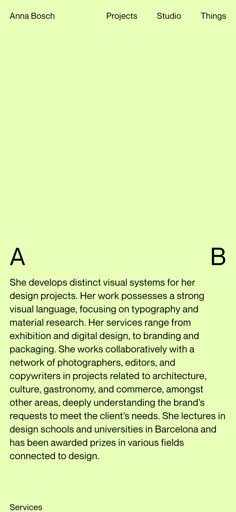 The mobile version maintains the pale lime green background and minimalist aesthetic but adopts a vertical single-column layout. The navigation is simplified, and the text blocks, including the bio and service lists, are stacked vertically to fit the narrow screen width.