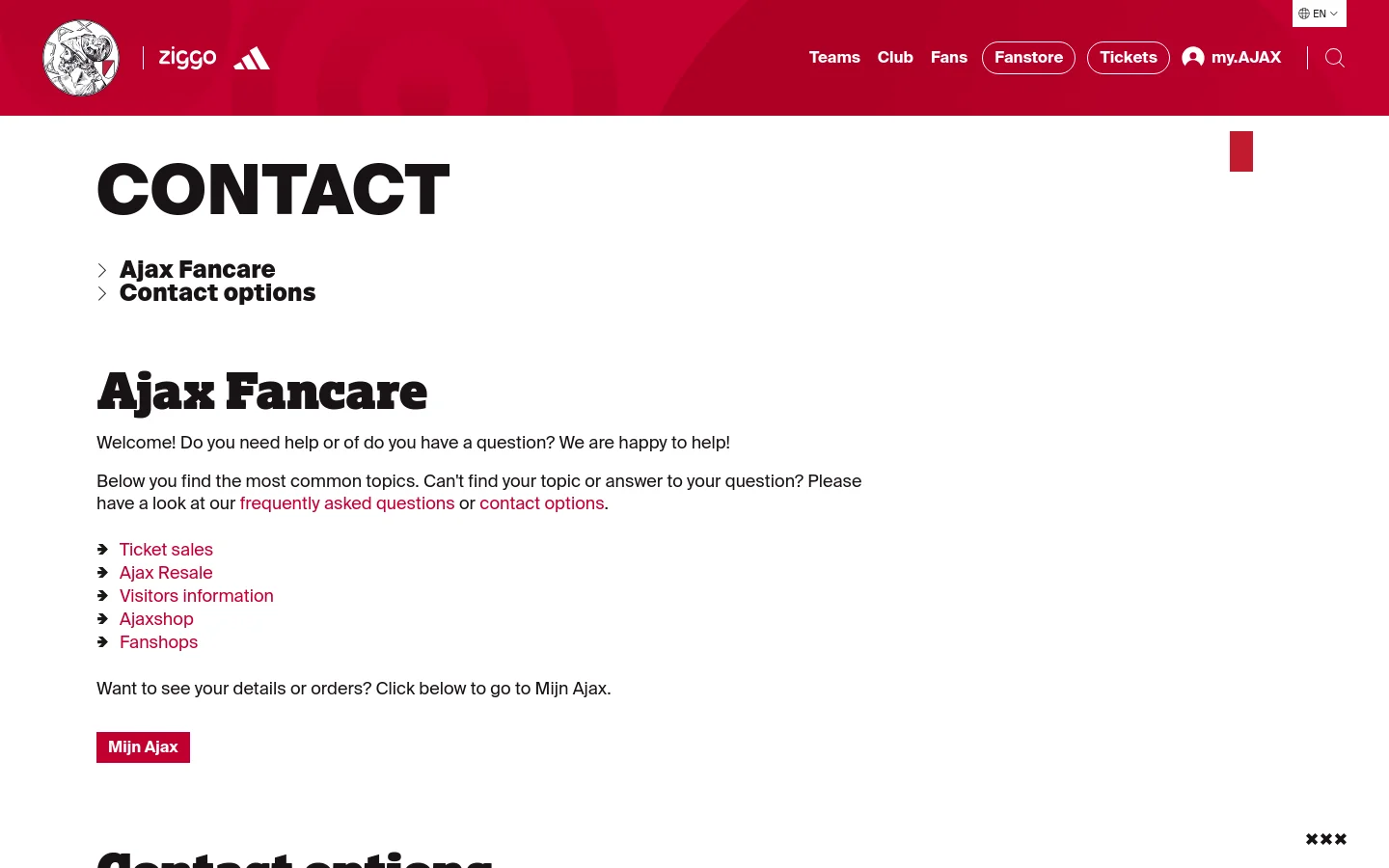 The desktop Contact page features a red and white Ajax branded header with navigation links and a large 'CONTACT' headline. The main content area uses a clean white background with black text, providing links to Ajax Fancare topics like Ticket sales and Ajax Resale, alongside a red 'Mijn Ajax' button.