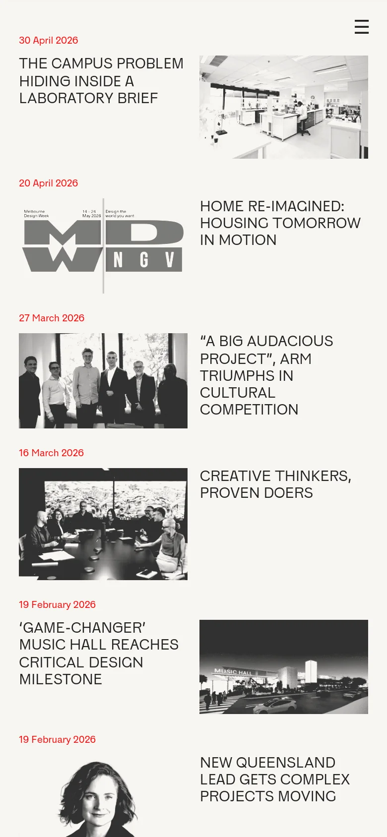 The mobile version simplifies the layout into a single-column vertical list. Each news item shows the date in red, followed by a bold headline and a large grayscale image spanning the width of the screen. A hamburger menu icon is visible at the top right for navigation.